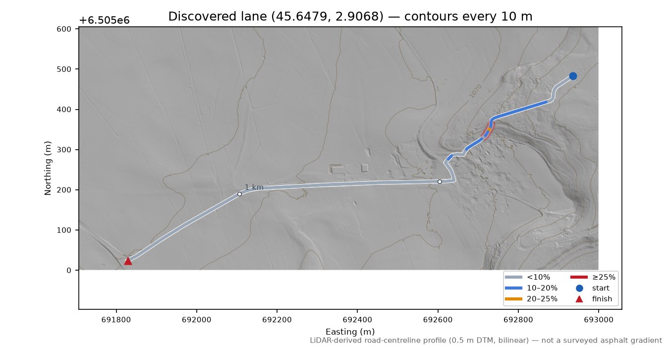 Discovered lane (45.6479, 2.9068) LiDAR hillshade map with contours