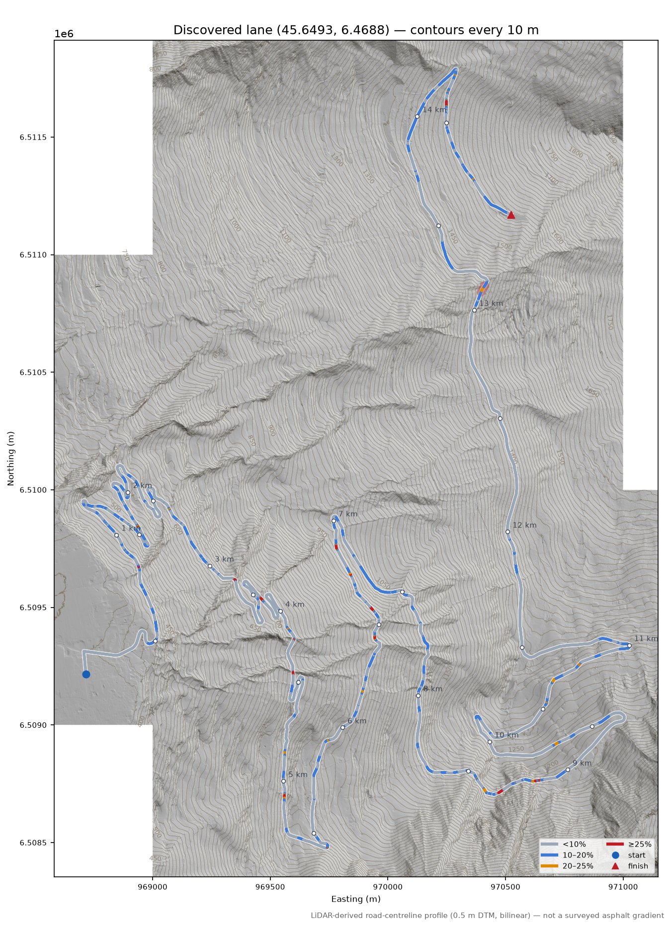 Discovered lane (45.6493, 6.4688) LiDAR hillshade map with contours