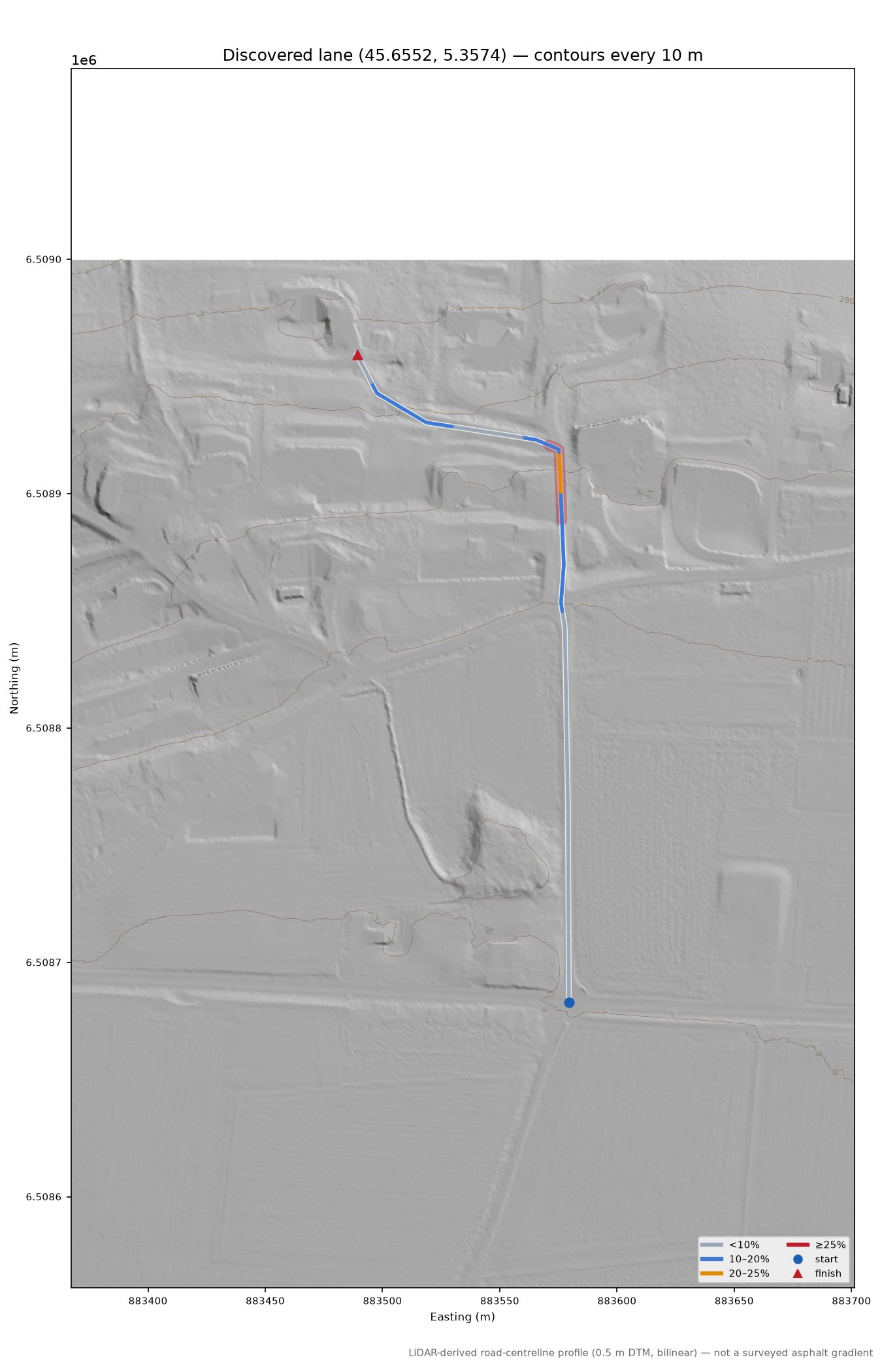 Discovered lane (45.6552, 5.3574) LiDAR hillshade map with contours