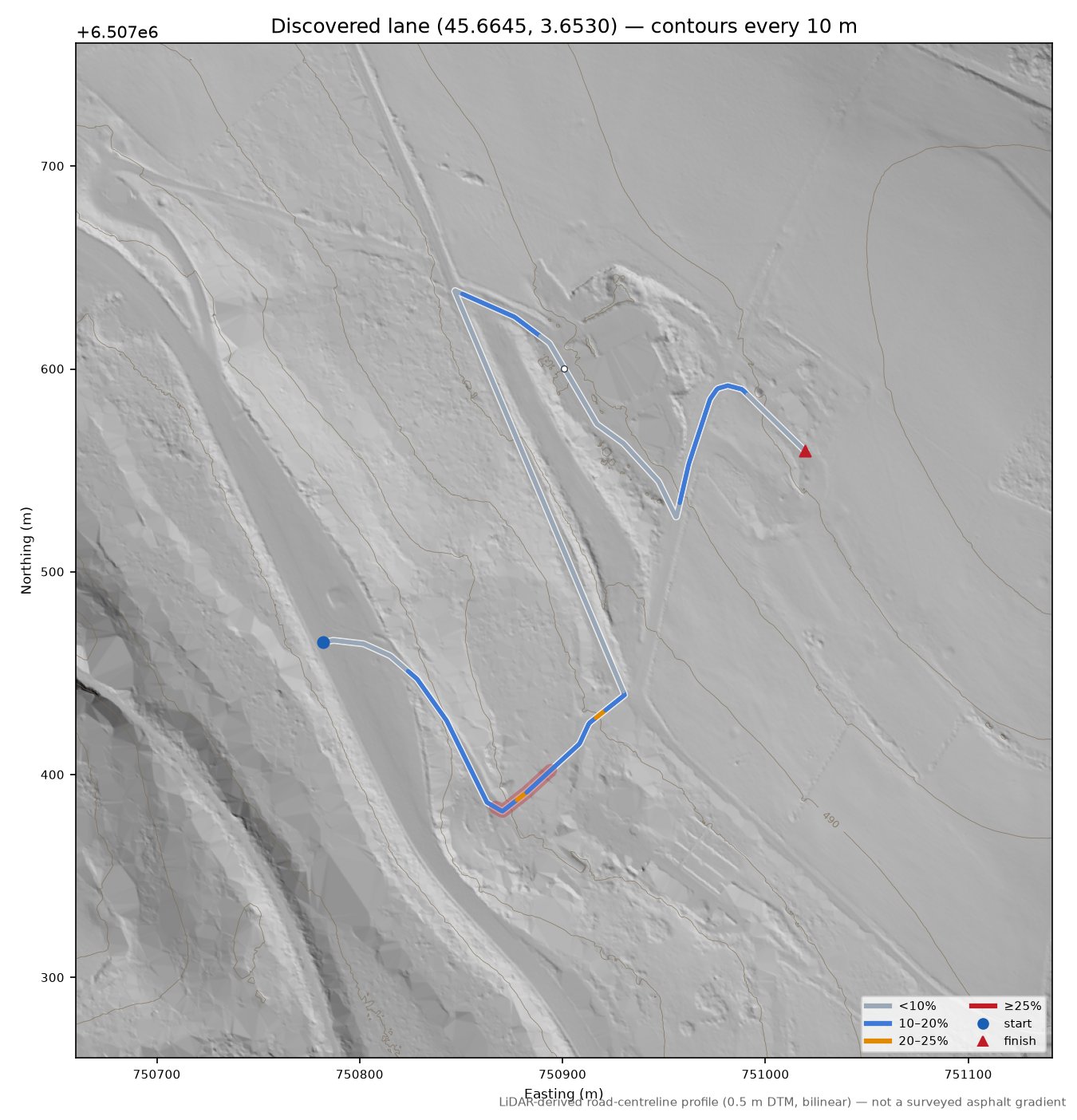Discovered lane (45.6645, 3.6530) LiDAR hillshade map with contours