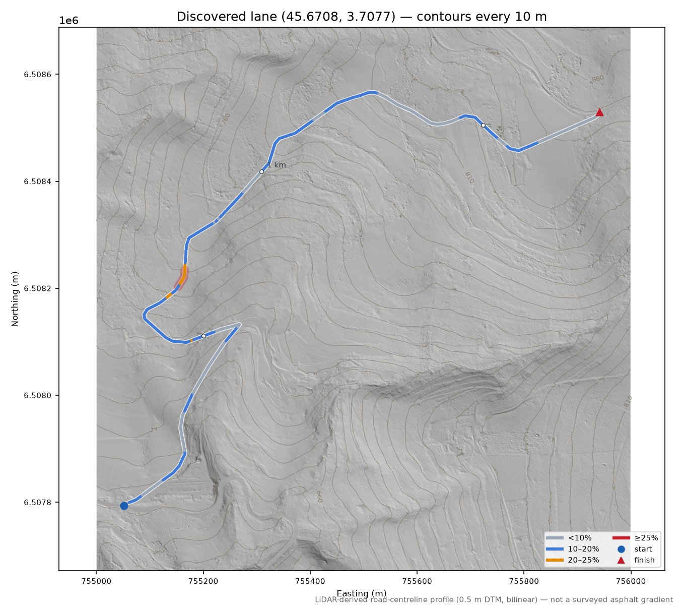 Discovered lane (45.6708, 3.7077) LiDAR hillshade map with contours