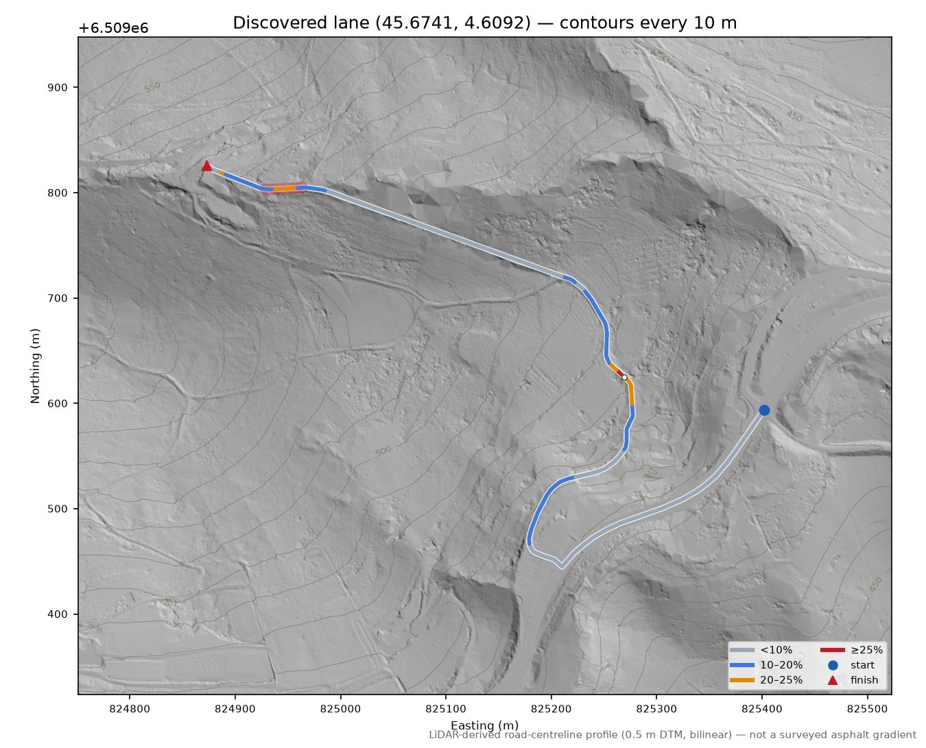 Discovered lane (45.6741, 4.6092) LiDAR hillshade map with contours