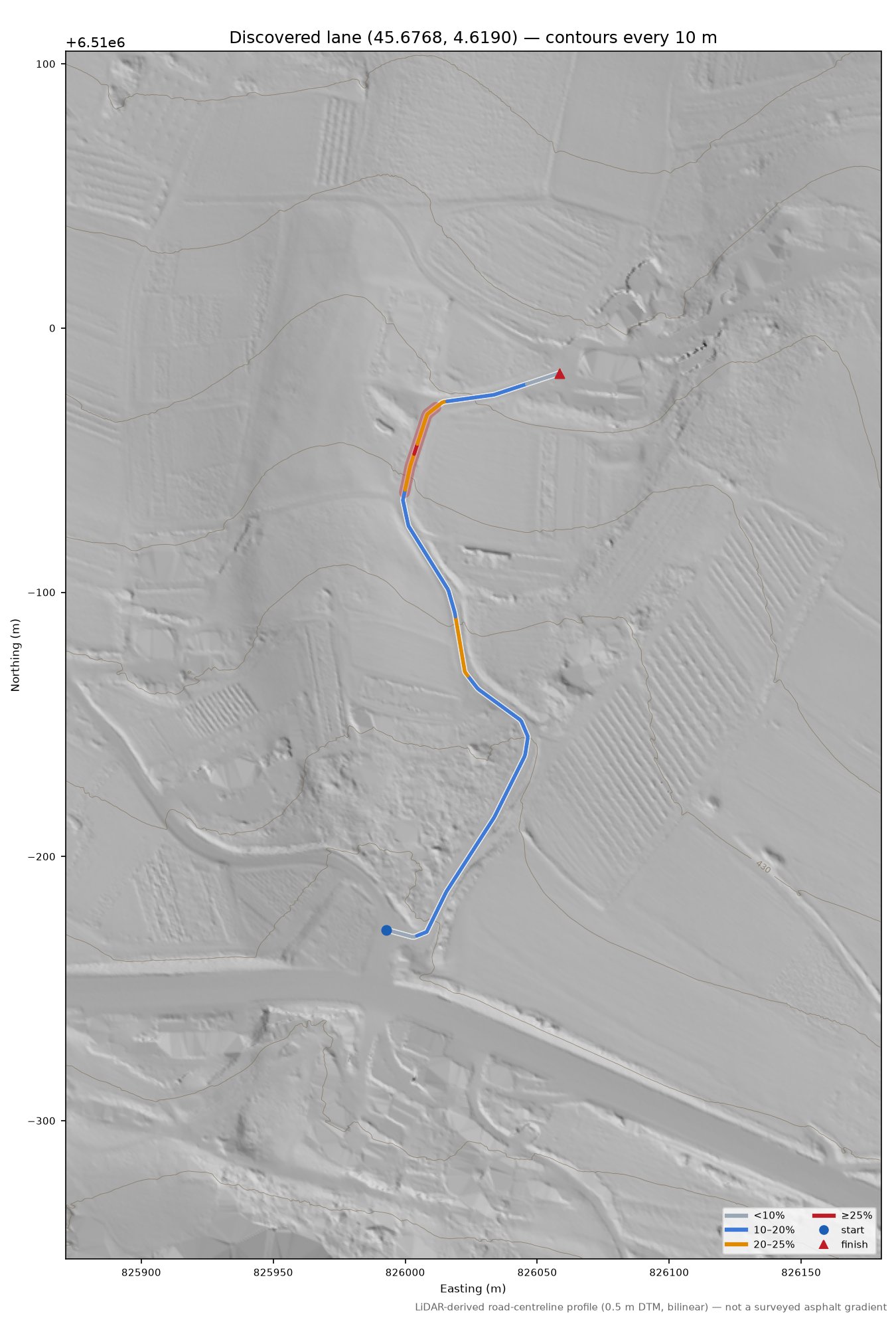 Discovered lane (45.6768, 4.6190) LiDAR hillshade map with contours
