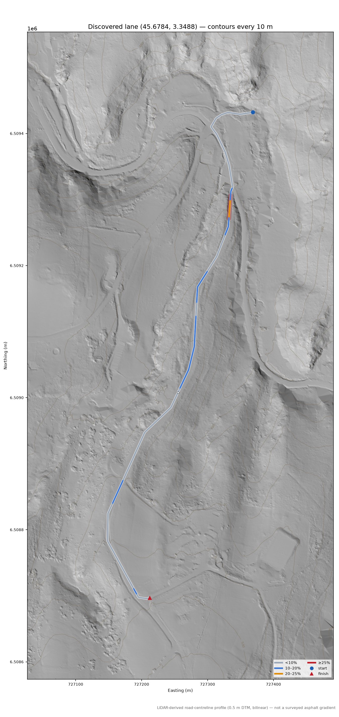 Discovered lane (45.6784, 3.3488) LiDAR hillshade map with contours
