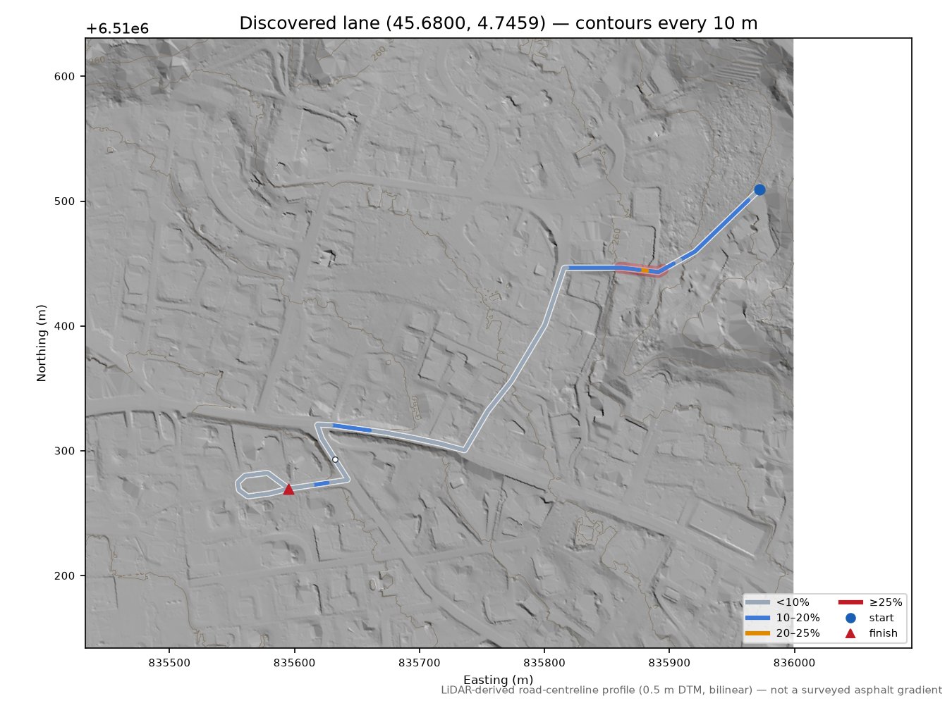 Discovered lane (45.6800, 4.7459) LiDAR hillshade map with contours