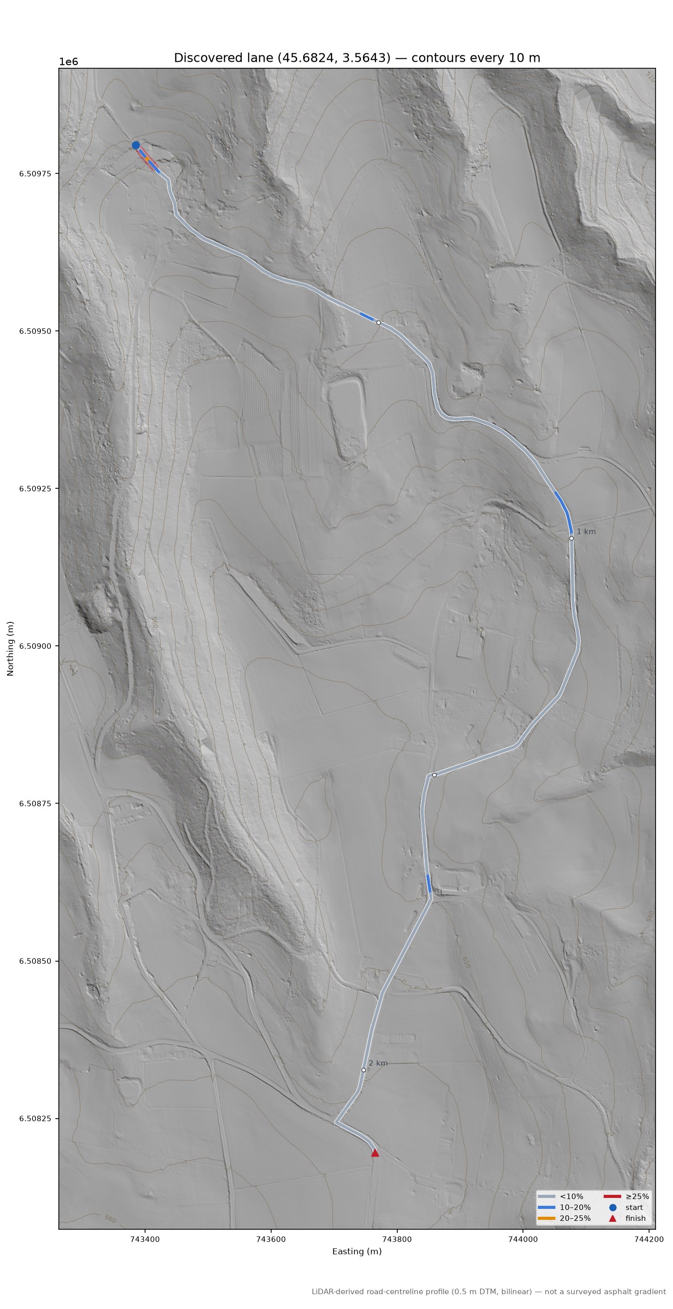 Discovered lane (45.6824, 3.5643) LiDAR hillshade map with contours