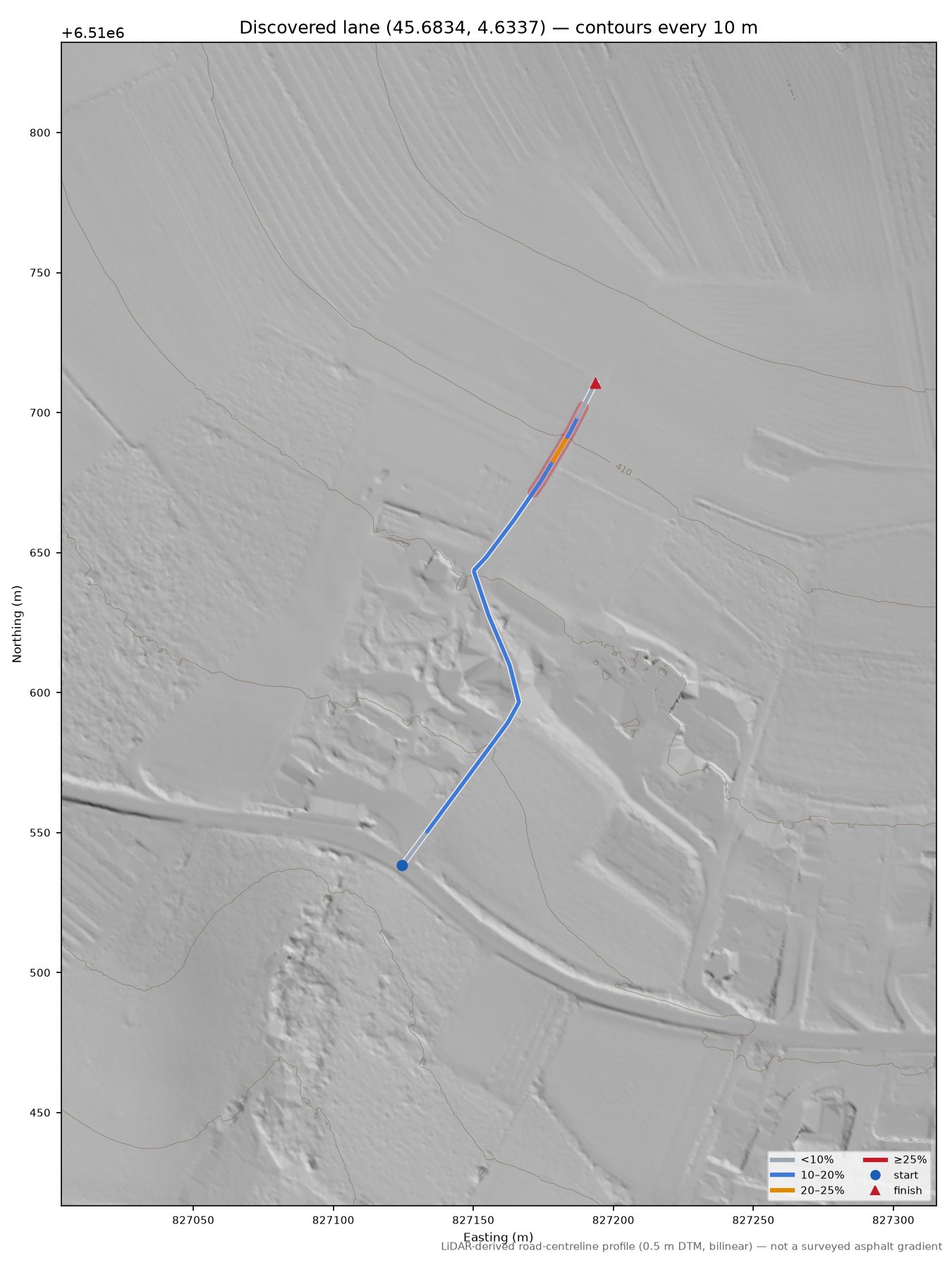 Discovered lane (45.6834, 4.6337) LiDAR hillshade map with contours