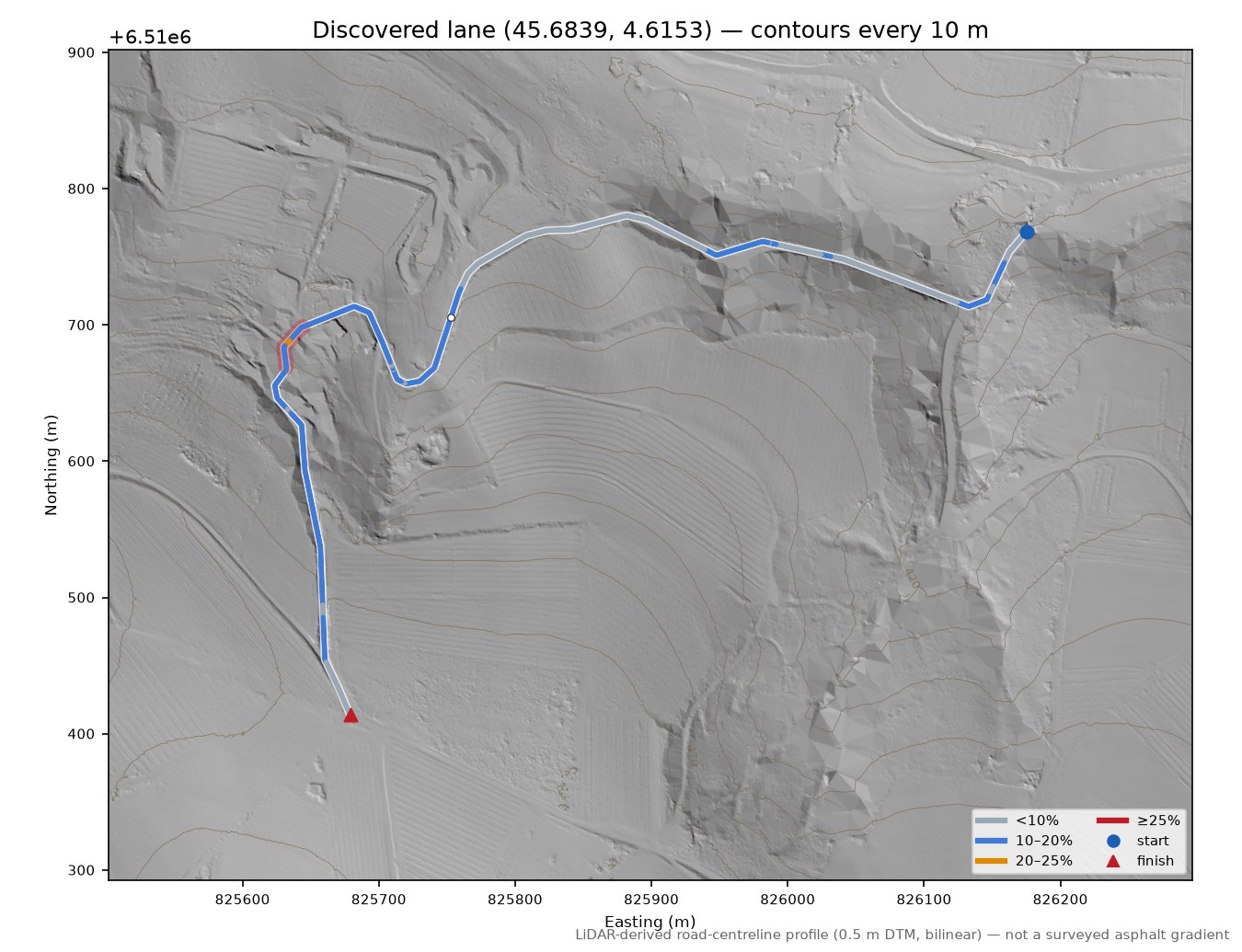 Discovered lane (45.6839, 4.6153) LiDAR hillshade map with contours