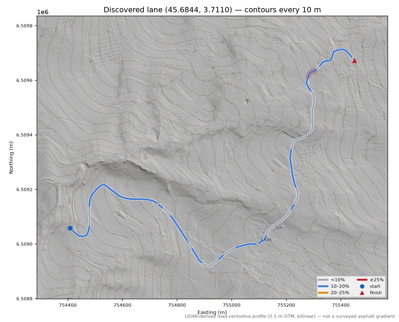 Discovered lane (45.6844, 3.7110) LiDAR hillshade map with contours