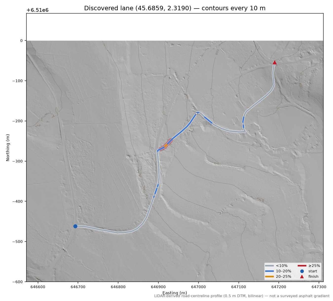 Discovered lane (45.6859, 2.3190) LiDAR hillshade map with contours