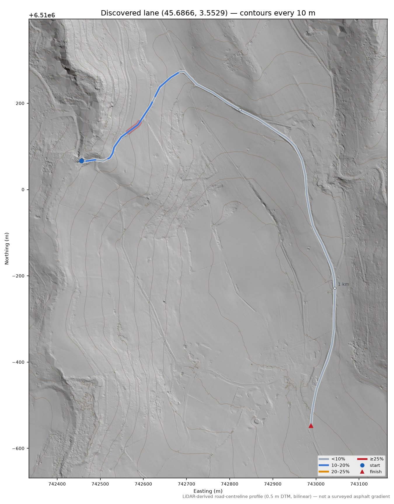 Discovered lane (45.6866, 3.5529) LiDAR hillshade map with contours