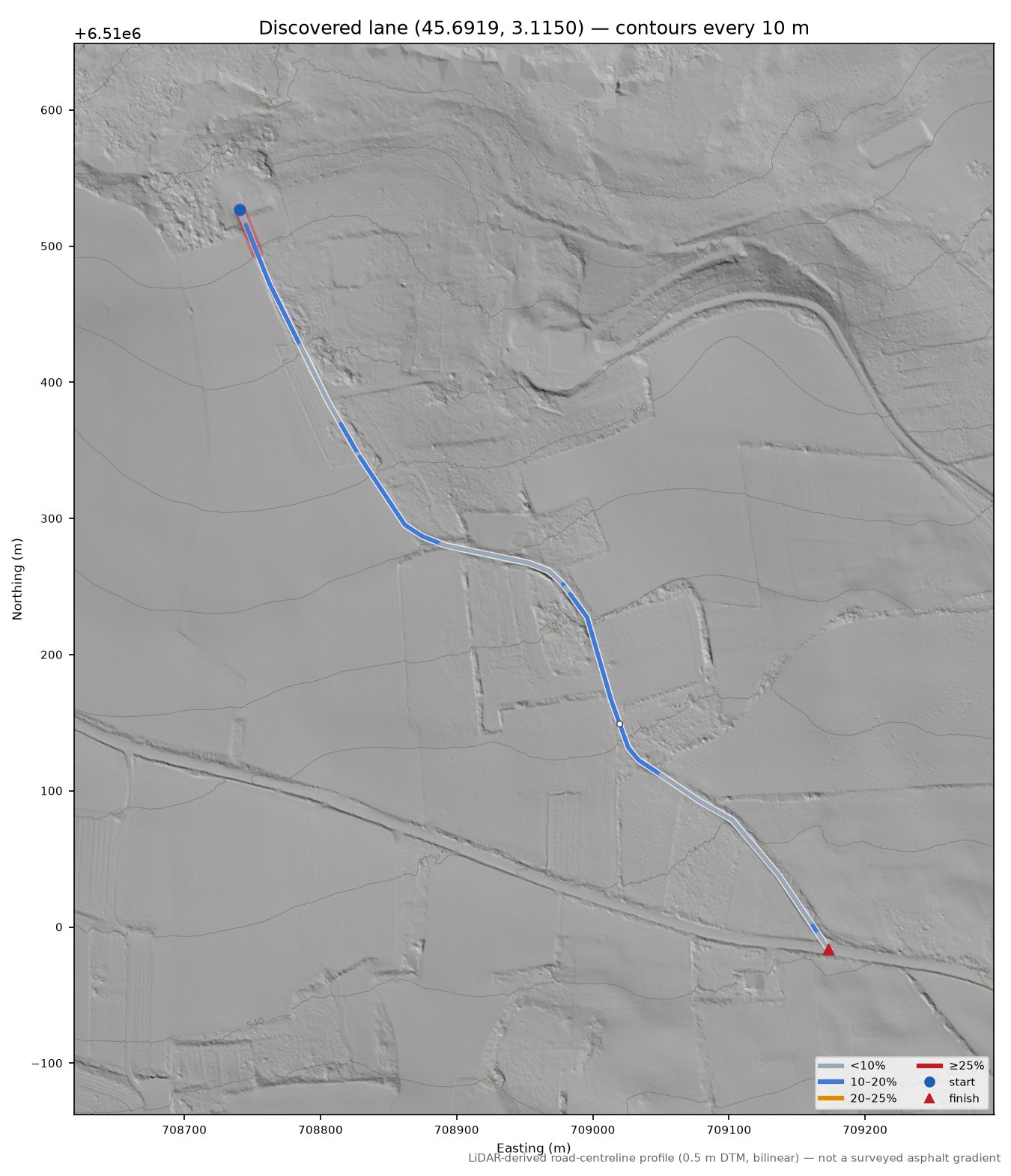 Discovered lane (45.6919, 3.1150) LiDAR hillshade map with contours