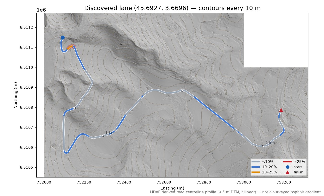 Discovered lane (45.6927, 3.6696) LiDAR hillshade map with contours