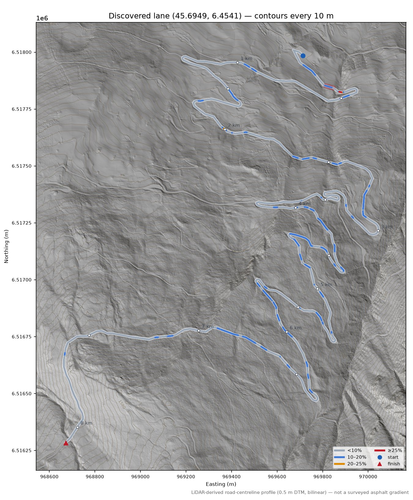 Discovered lane (45.6949, 6.4541) LiDAR hillshade map with contours