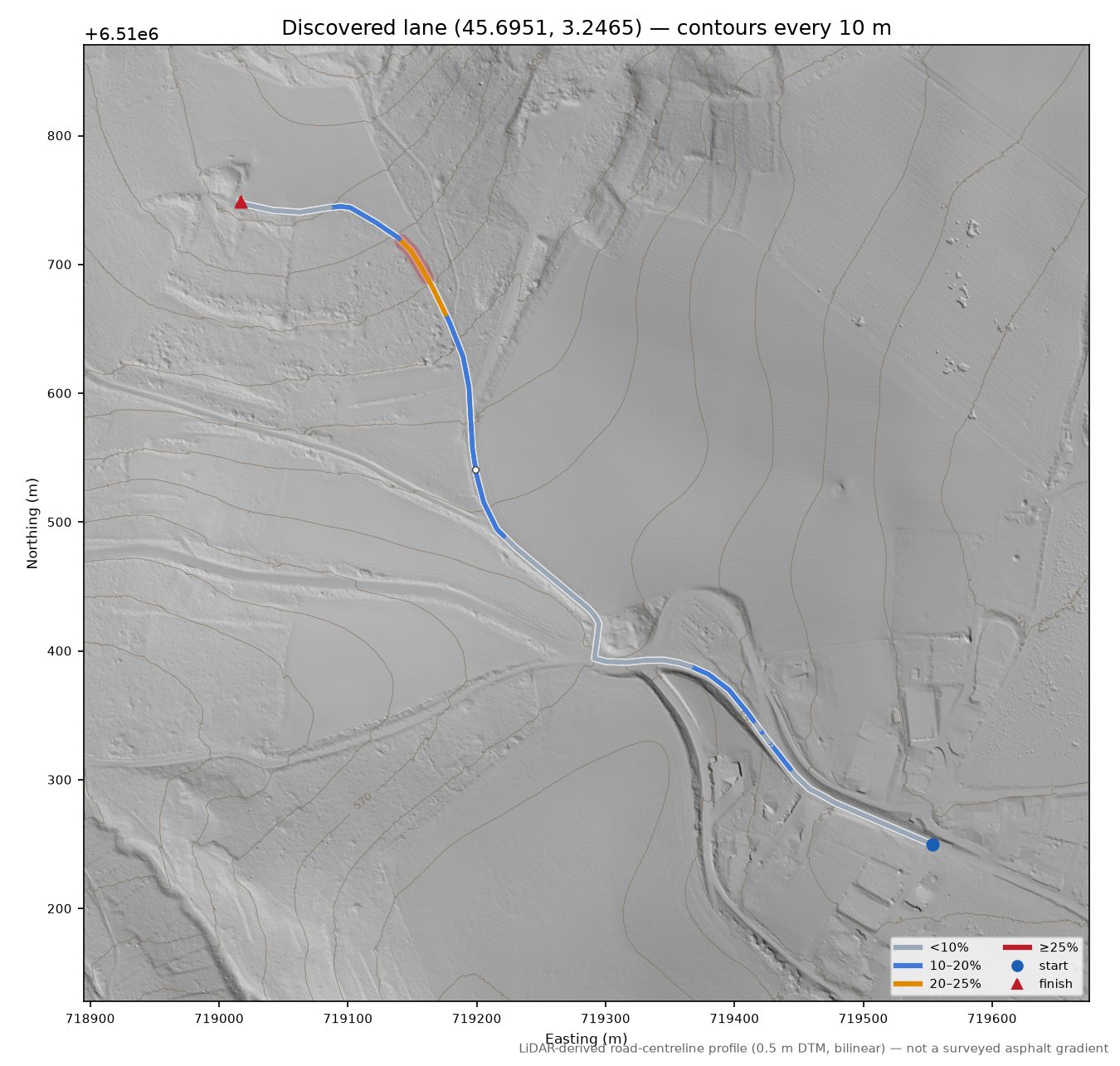 Discovered lane (45.6951, 3.2465) LiDAR hillshade map with contours