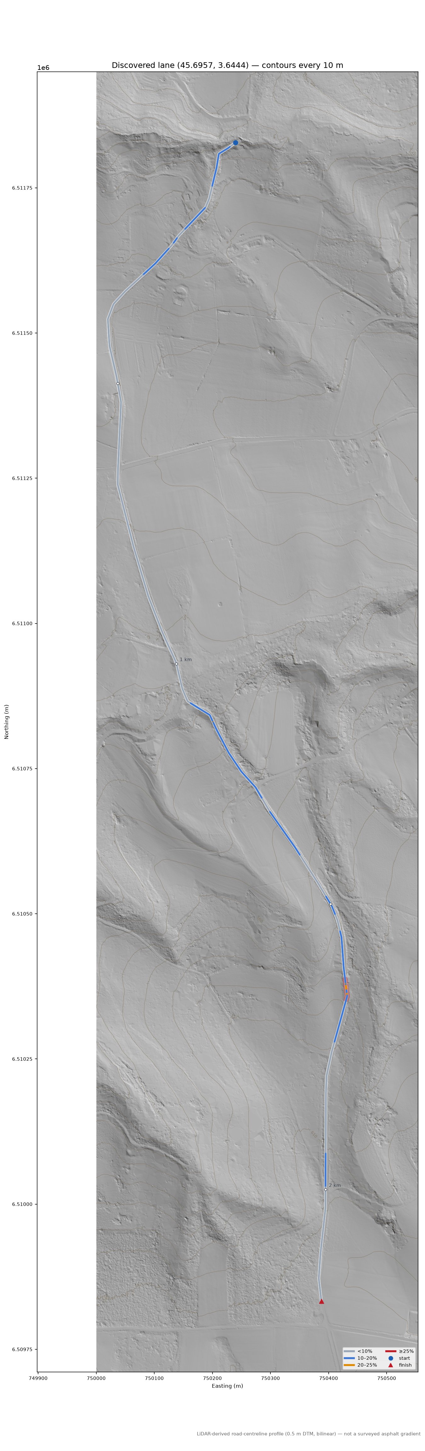 Discovered lane (45.6957, 3.6444) LiDAR hillshade map with contours