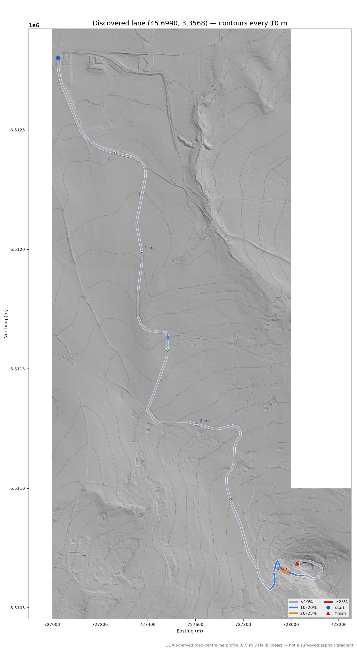 Discovered lane (45.6990, 3.3568) LiDAR hillshade map with contours