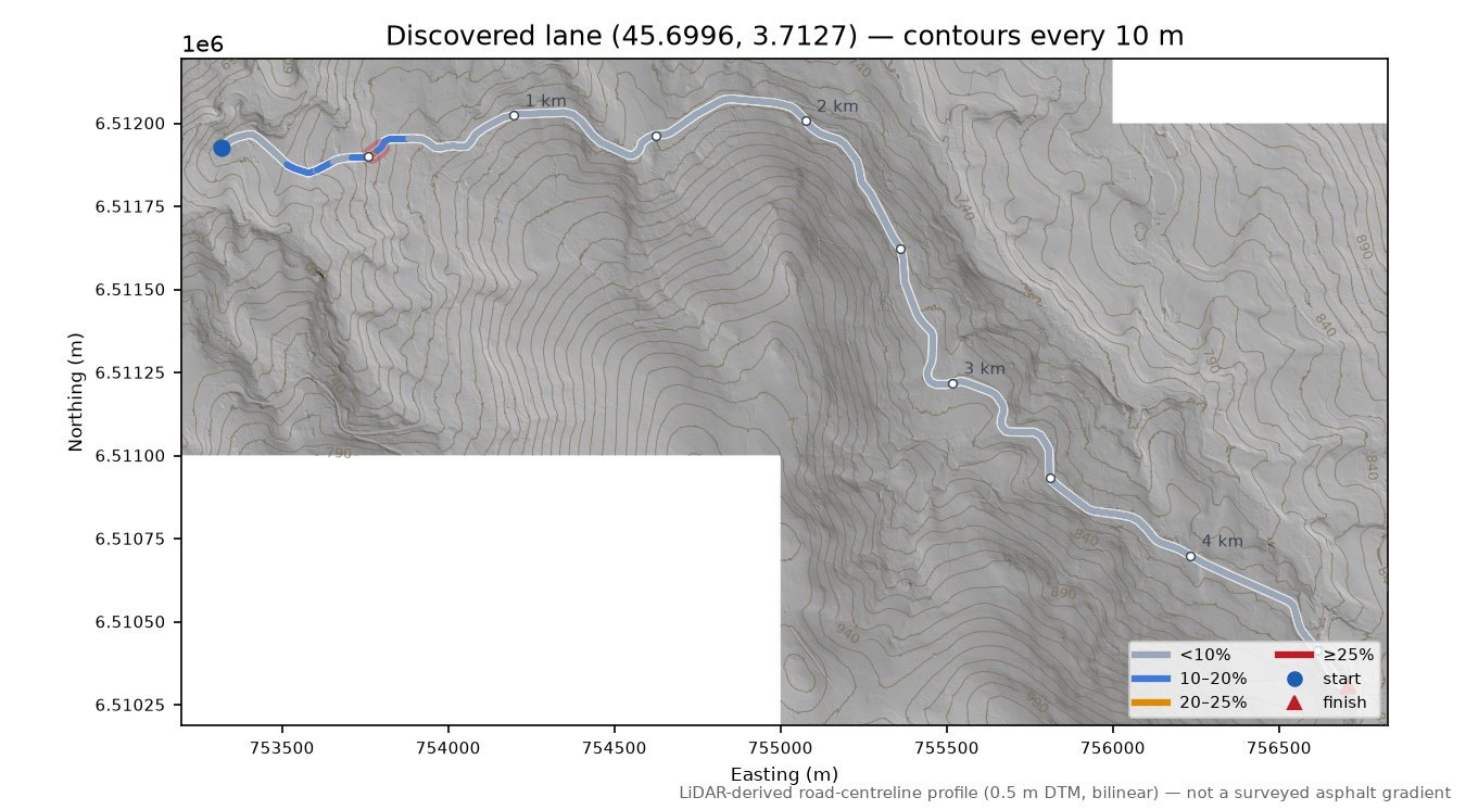 Discovered lane (45.6996, 3.7127) LiDAR hillshade map with contours