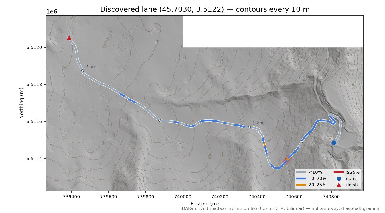 Discovered lane (45.7030, 3.5122) LiDAR hillshade map with contours