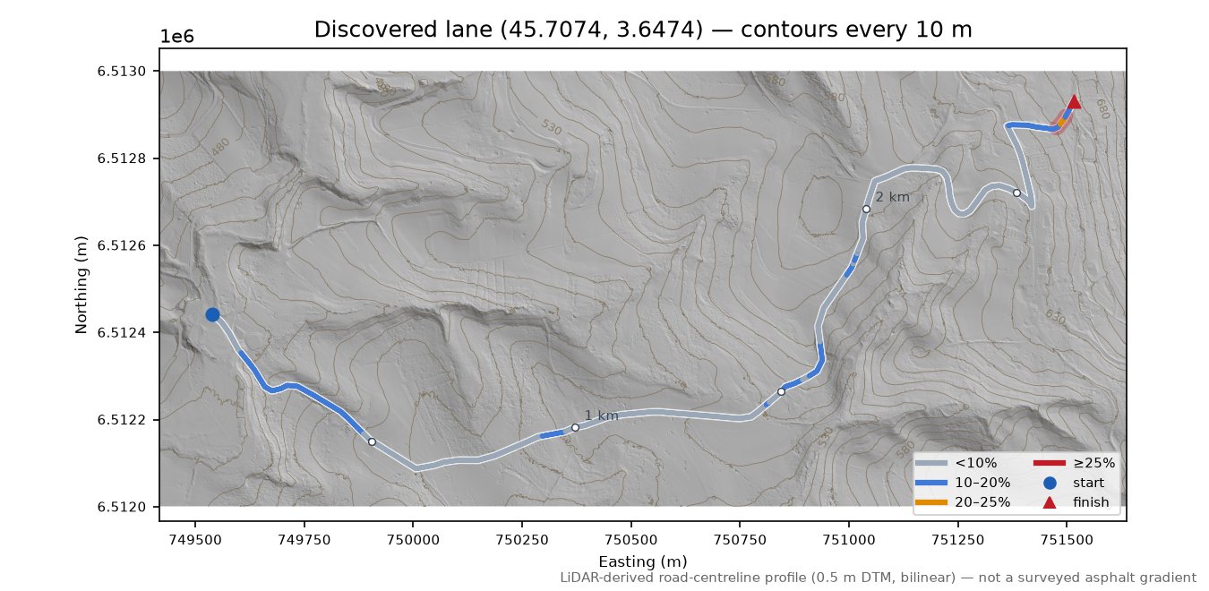 Discovered lane (45.7074, 3.6474) LiDAR hillshade map with contours