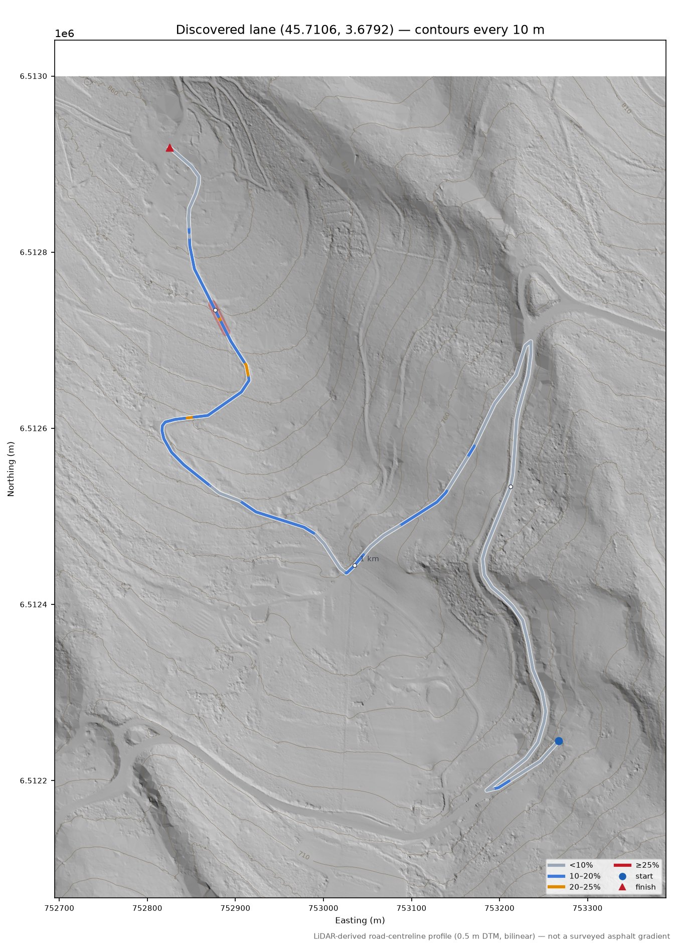 Discovered lane (45.7106, 3.6792) LiDAR hillshade map with contours