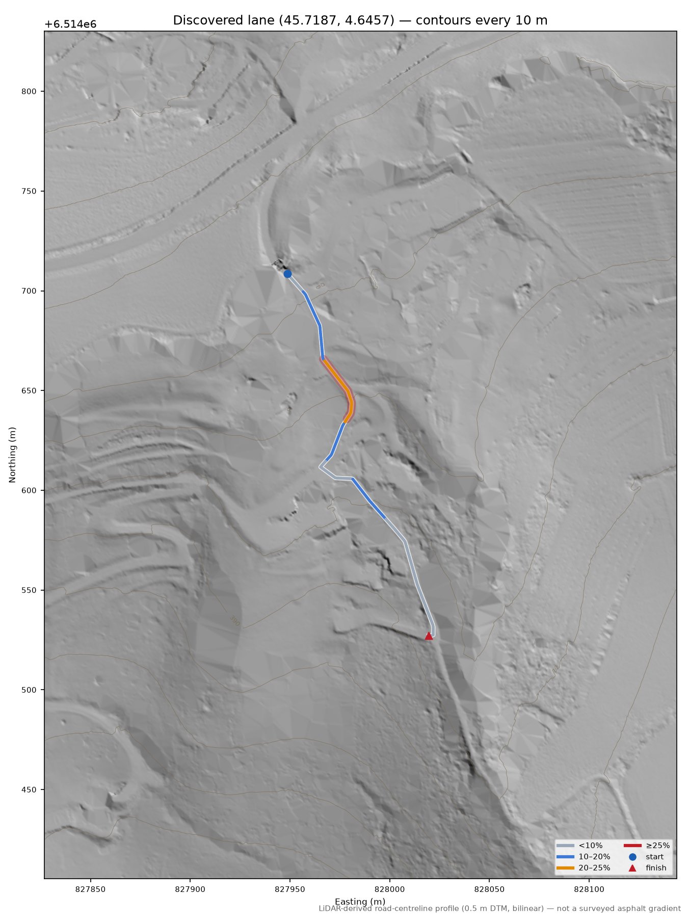 Discovered lane (45.7187, 4.6457) LiDAR hillshade map with contours