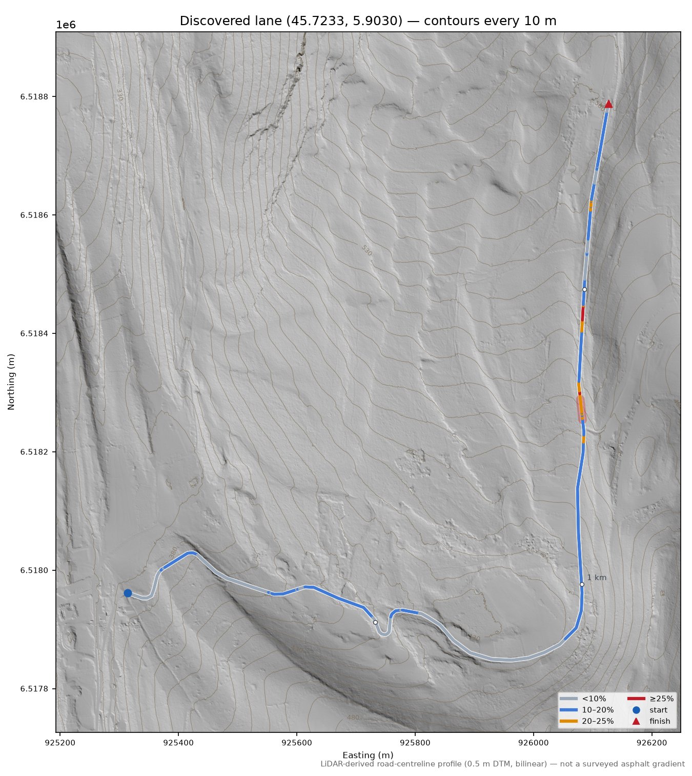 Discovered lane (45.7233, 5.9030) LiDAR hillshade map with contours