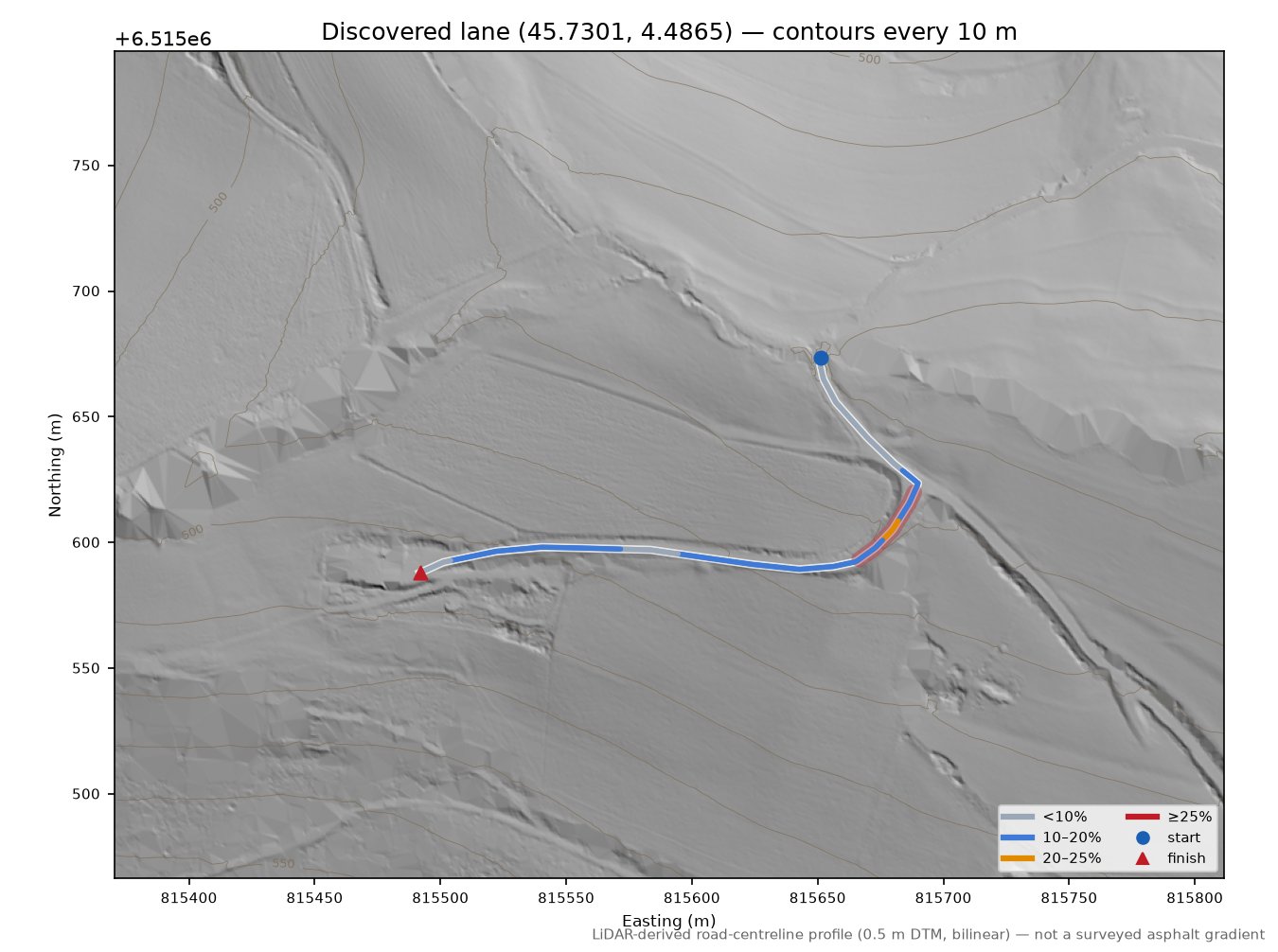 Discovered lane (45.7301, 4.4865) LiDAR hillshade map with contours