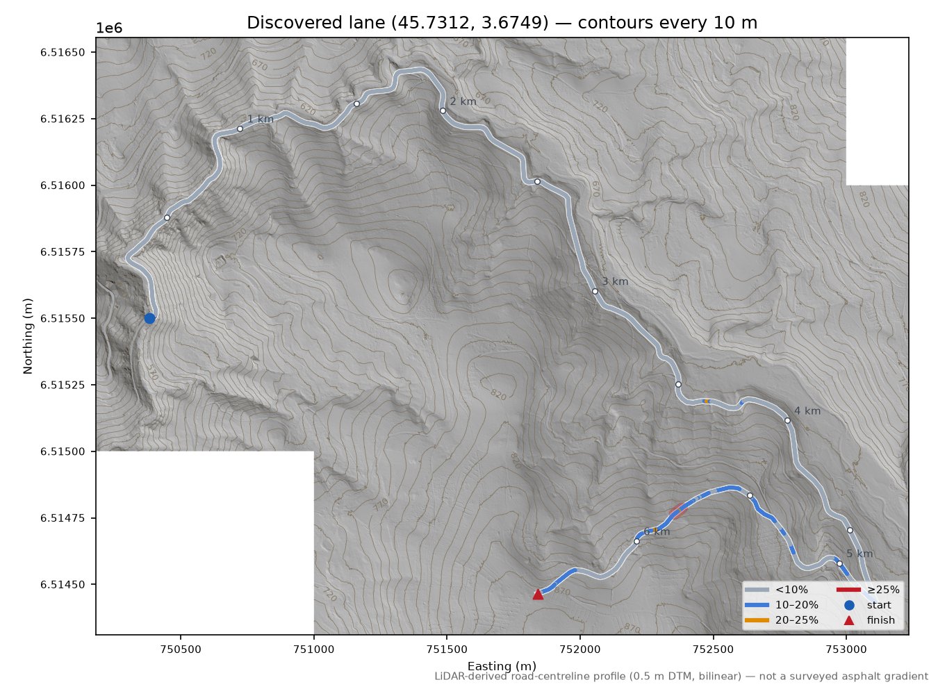 Discovered lane (45.7312, 3.6749) LiDAR hillshade map with contours