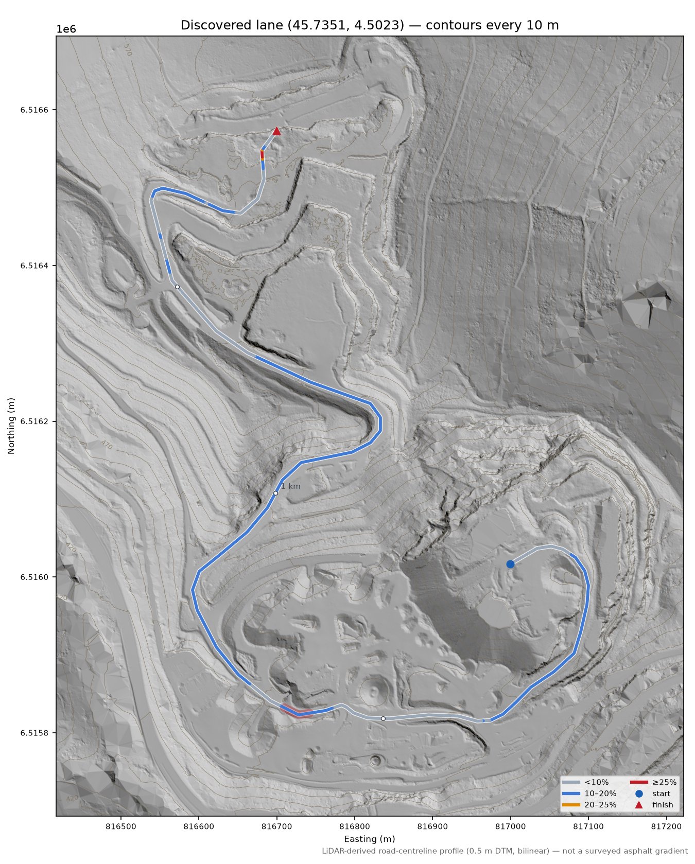Discovered lane (45.7351, 4.5023) LiDAR hillshade map with contours