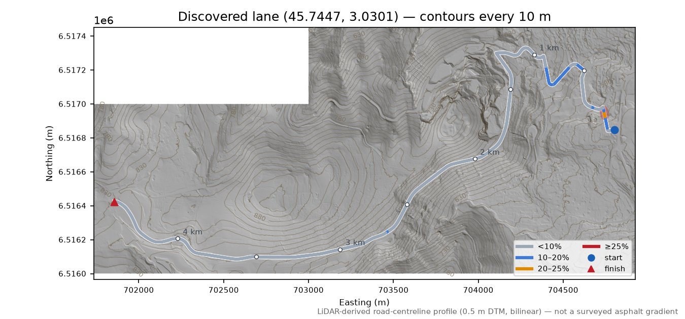 Discovered lane (45.7447, 3.0301) LiDAR hillshade map with contours