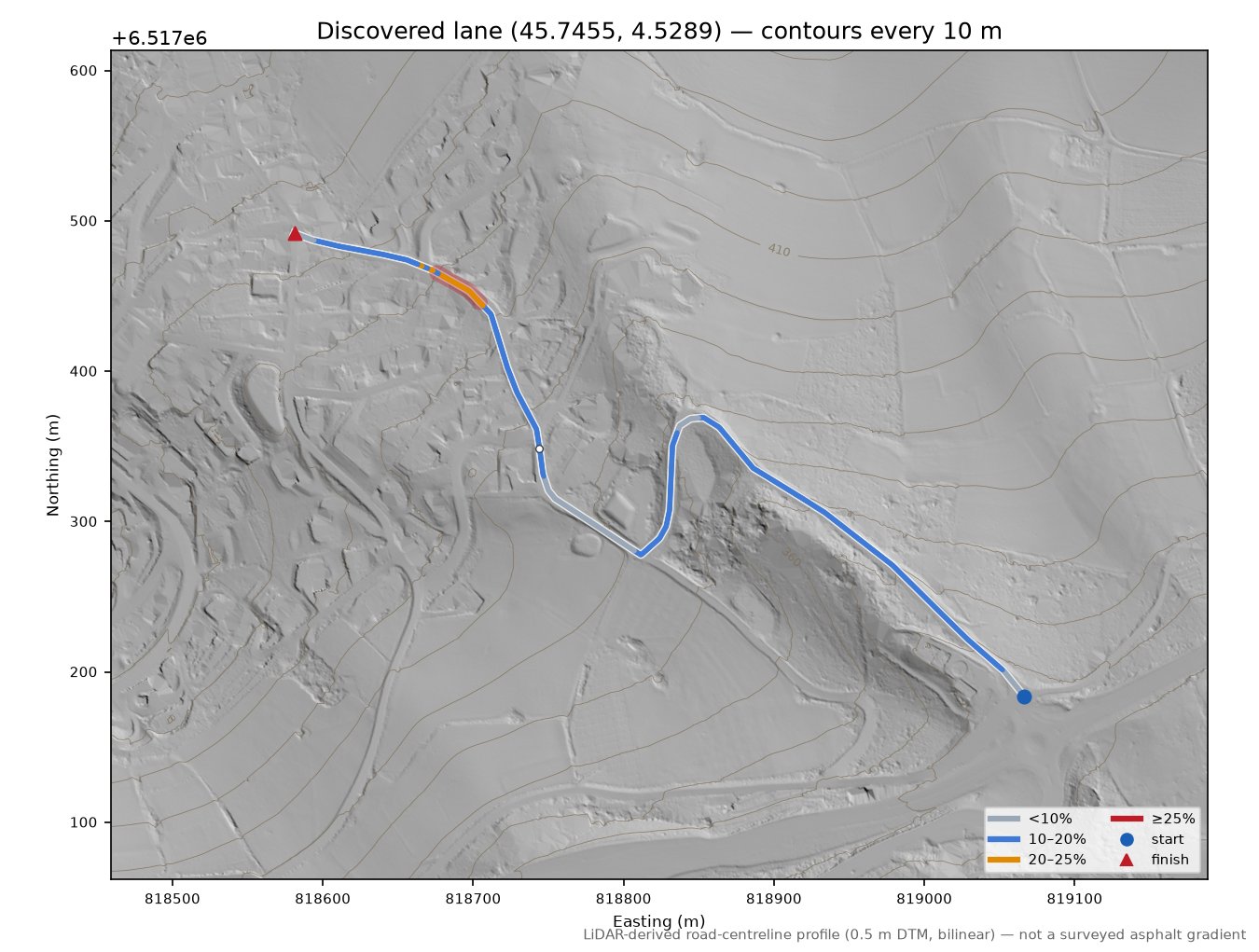 Discovered lane (45.7455, 4.5289) LiDAR hillshade map with contours
