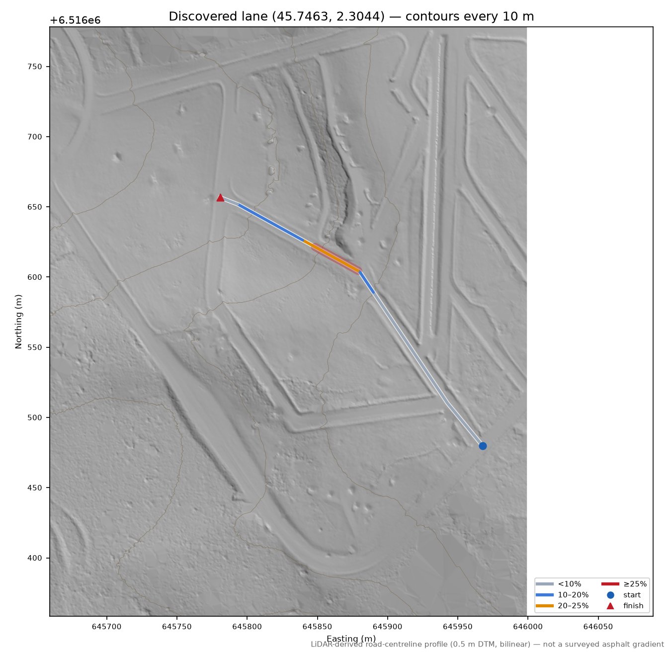 Discovered lane (45.7463, 2.3044) LiDAR hillshade map with contours