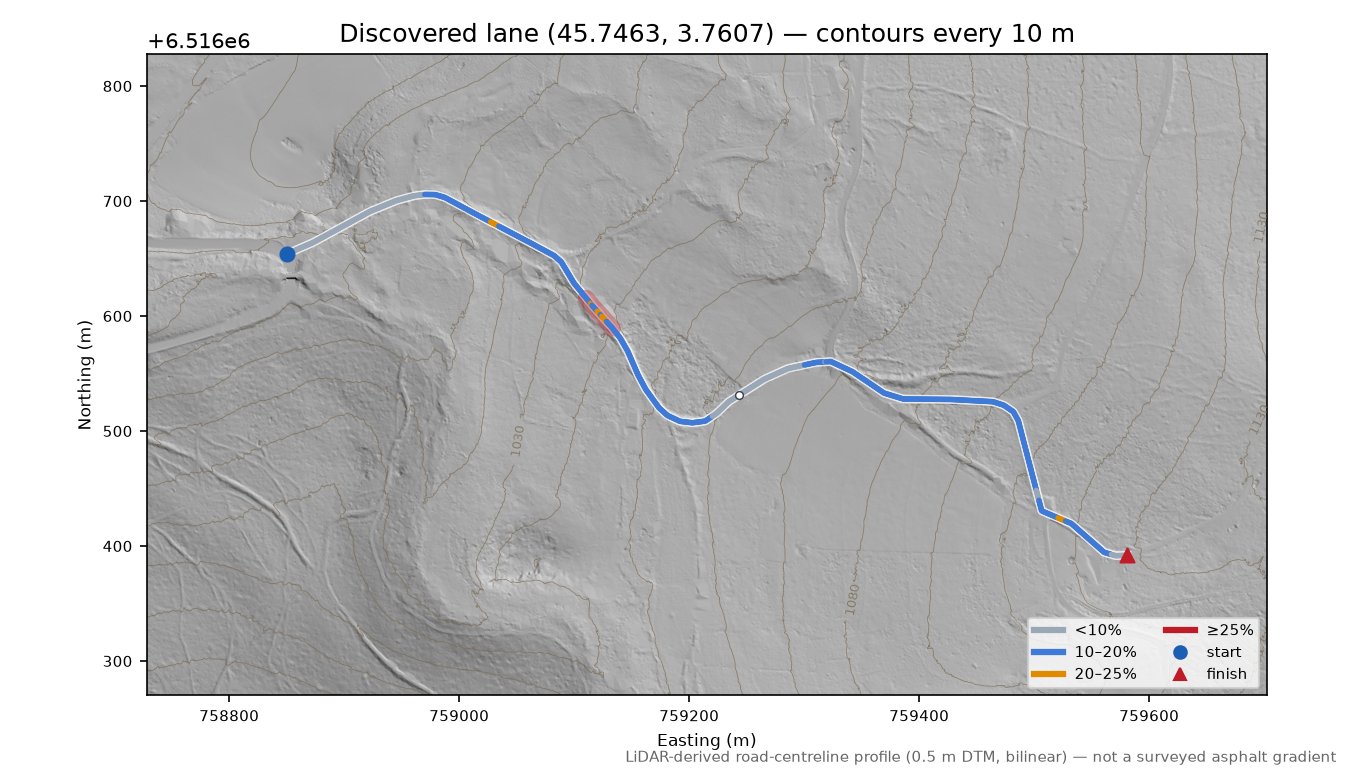 Discovered lane (45.7463, 3.7607) LiDAR hillshade map with contours