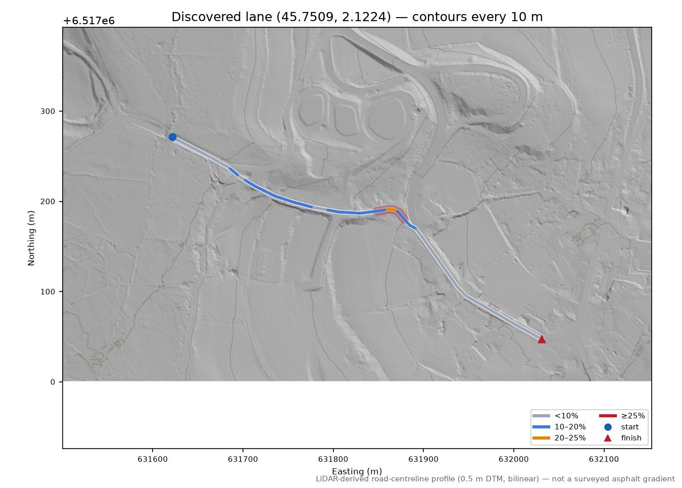 Discovered lane (45.7509, 2.1224) LiDAR hillshade map with contours