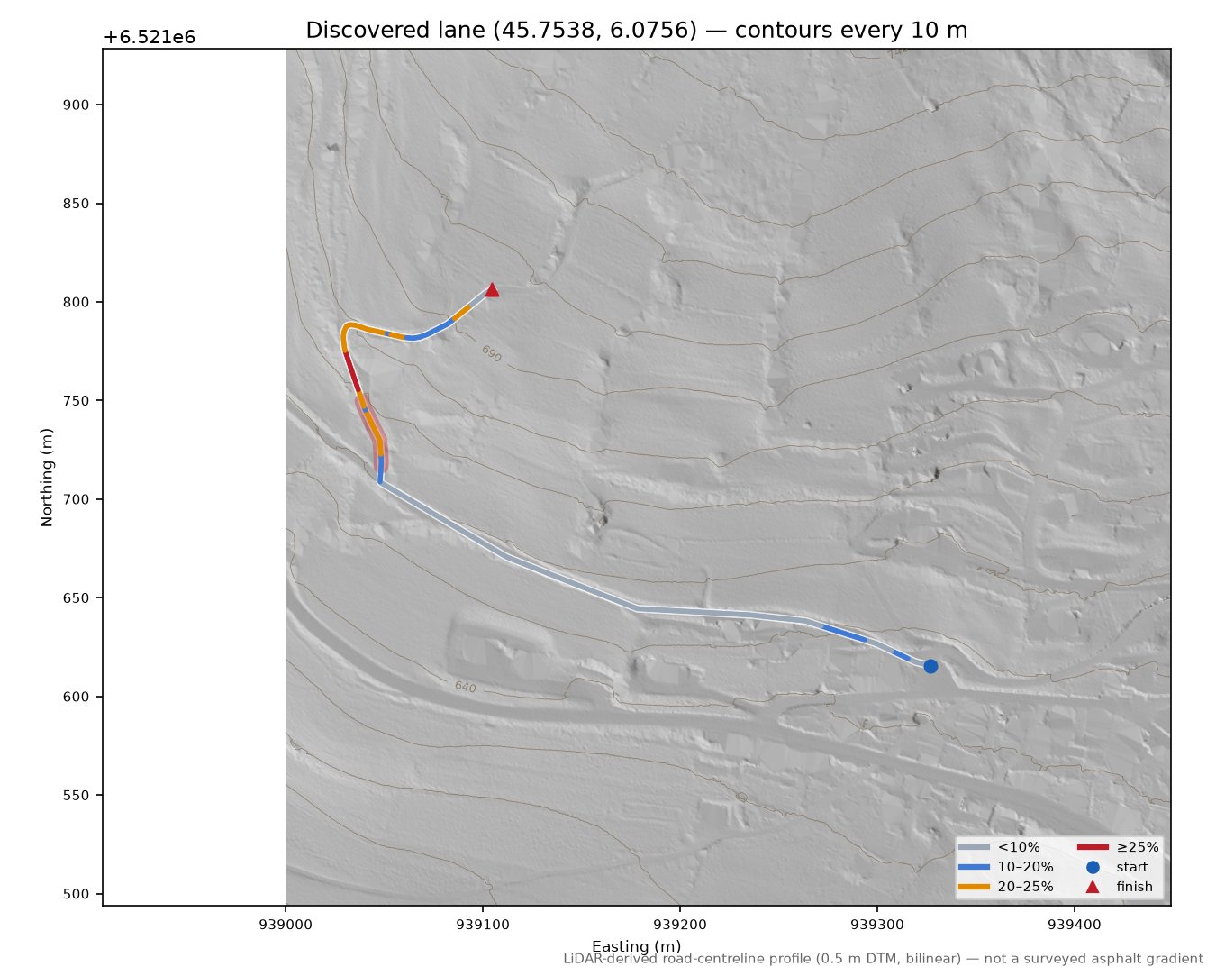 Discovered lane (45.7538, 6.0756) LiDAR hillshade map with contours