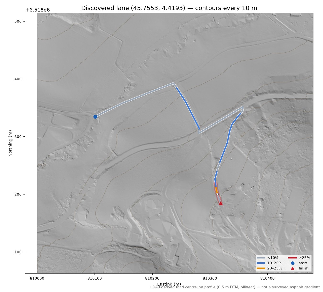 Discovered lane (45.7553, 4.4193) LiDAR hillshade map with contours