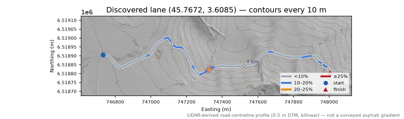 Discovered lane (45.7672, 3.6085) LiDAR hillshade map with contours