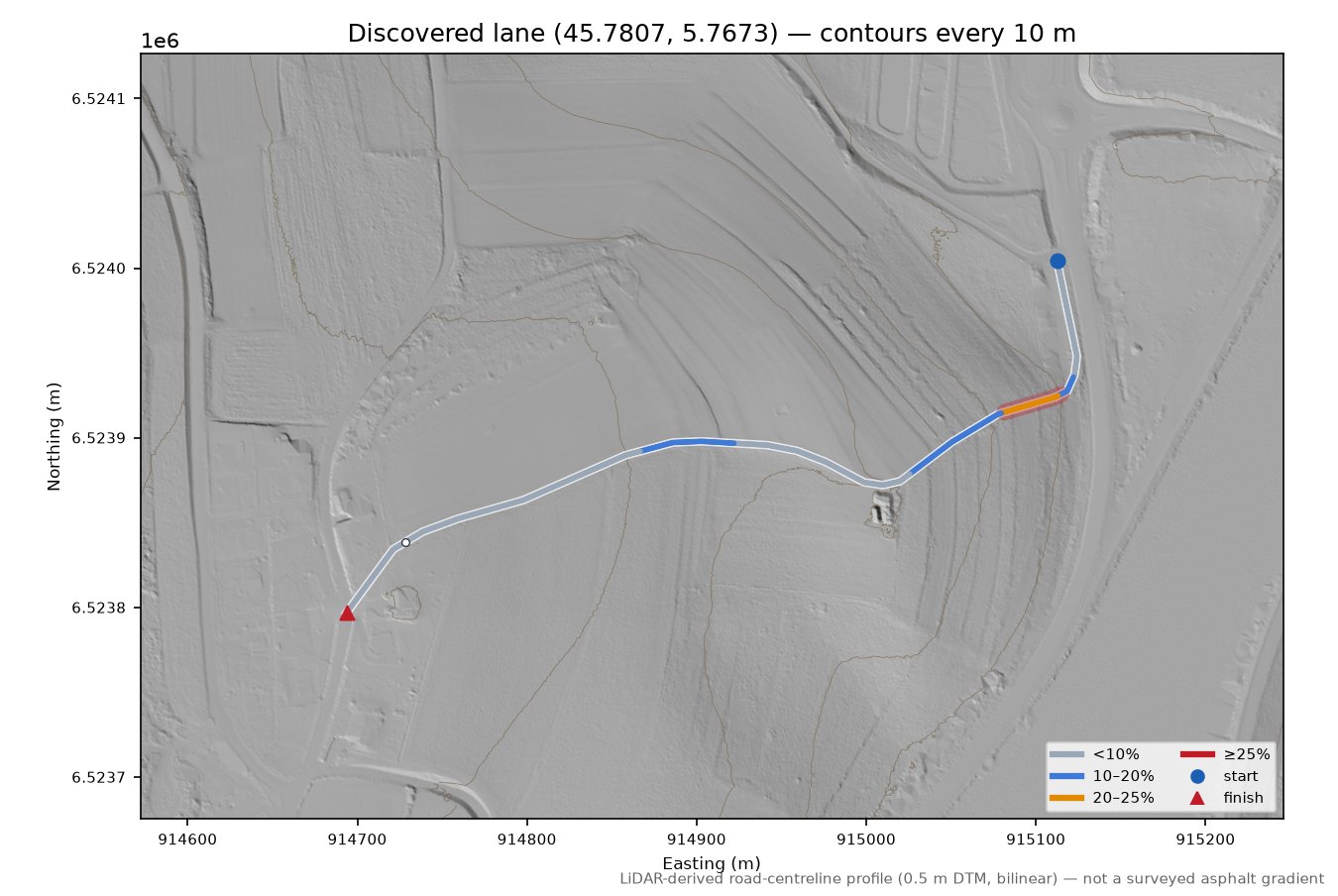 Discovered lane (45.7807, 5.7673) LiDAR hillshade map with contours