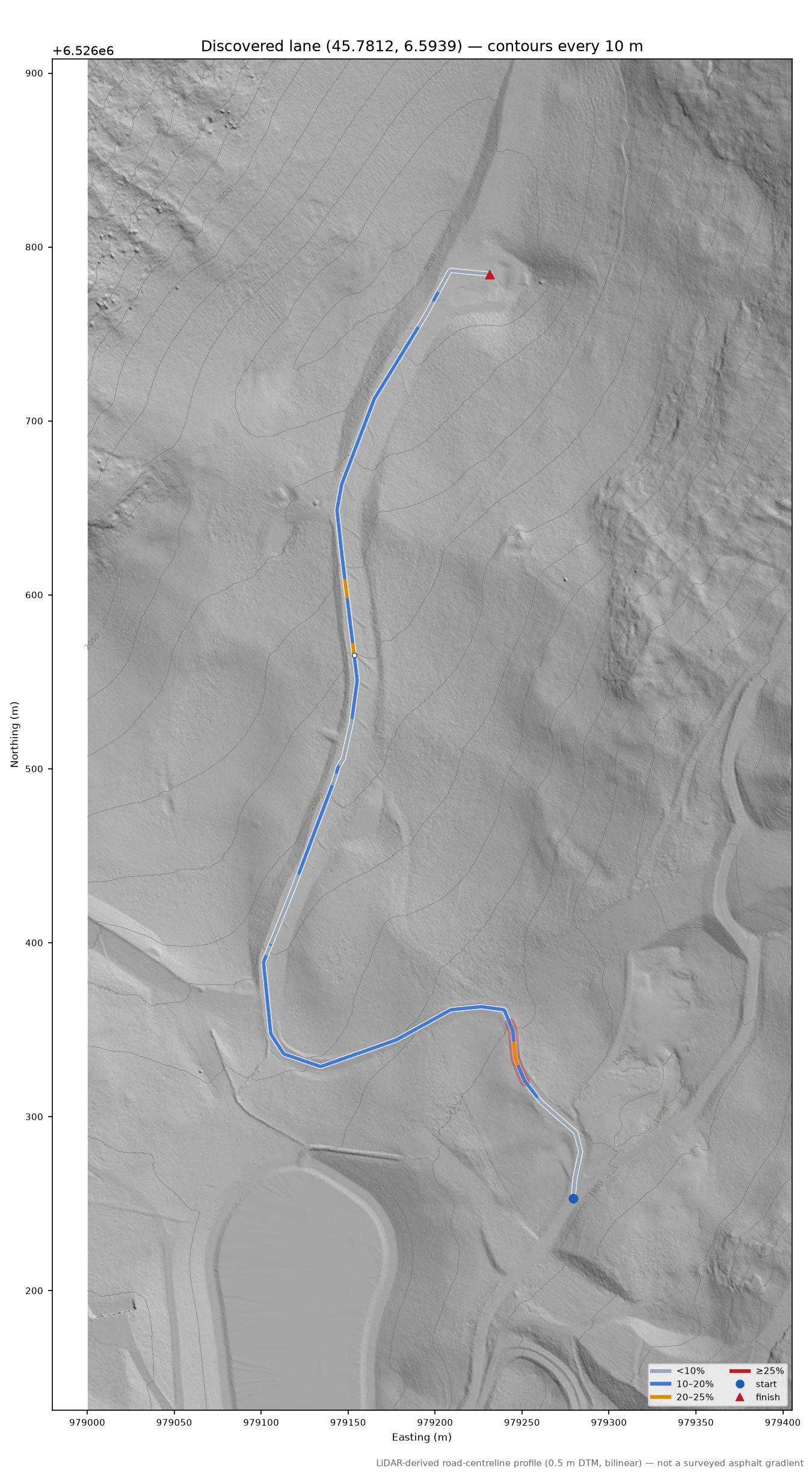 Discovered lane (45.7812, 6.5939) LiDAR hillshade map with contours