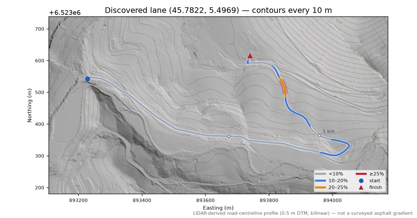 Discovered lane (45.7822, 5.4969) LiDAR hillshade map with contours