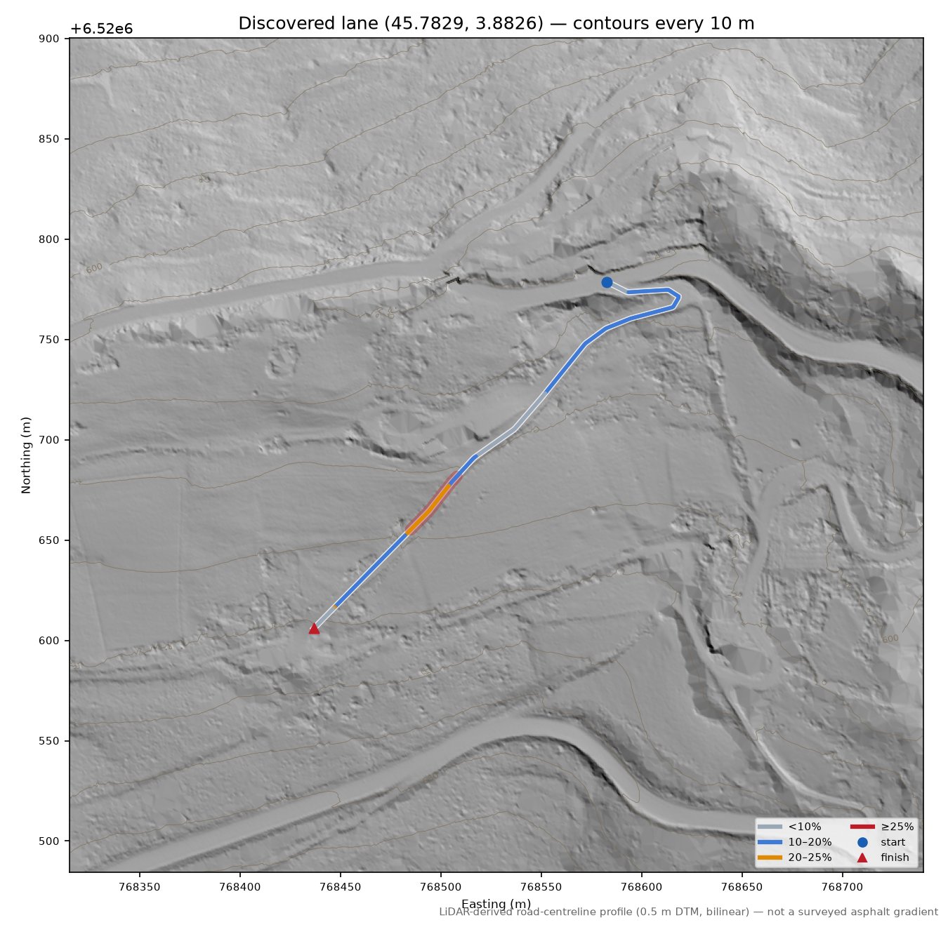 Discovered lane (45.7829, 3.8826) LiDAR hillshade map with contours