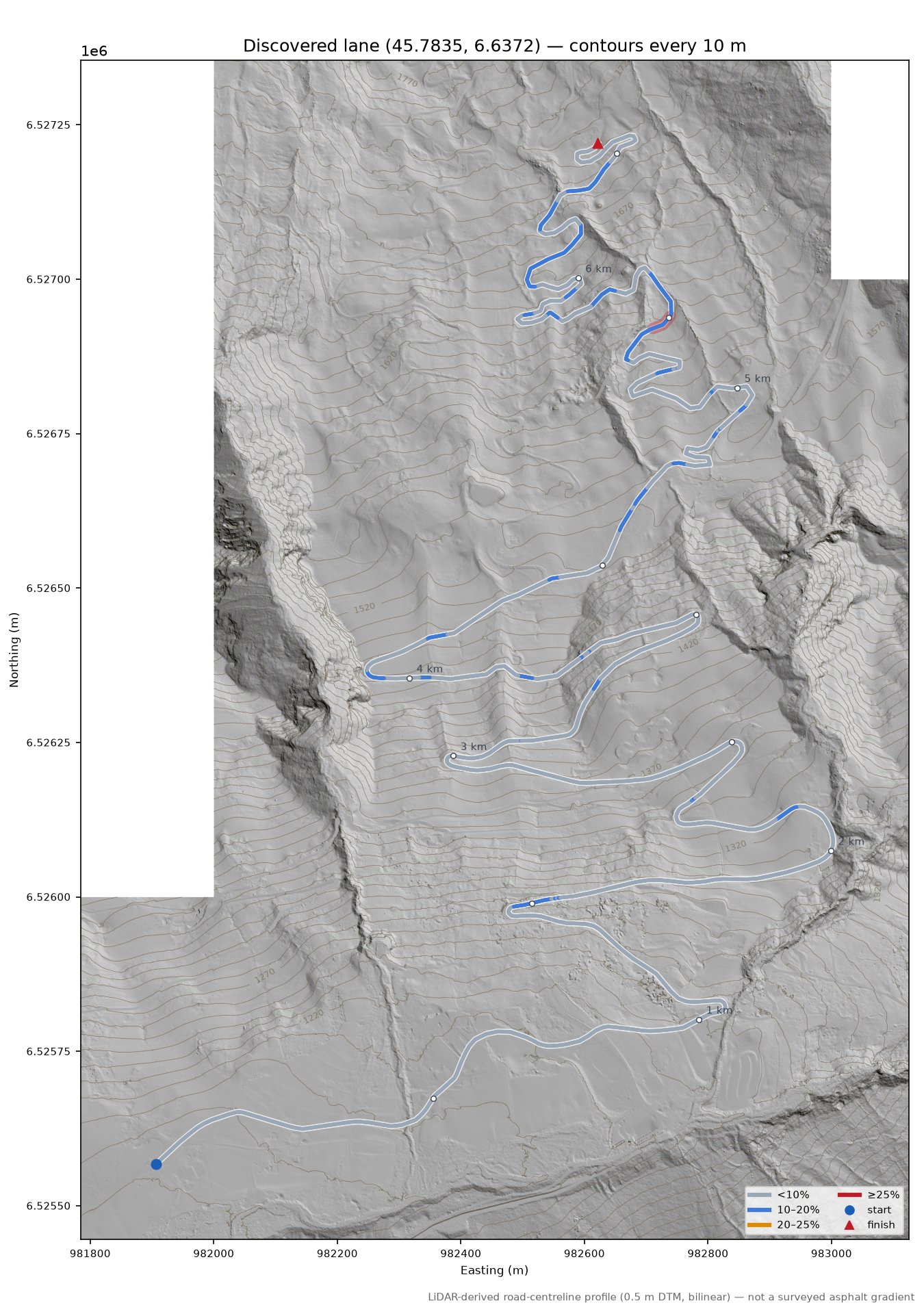 Discovered lane (45.7835, 6.6372) LiDAR hillshade map with contours