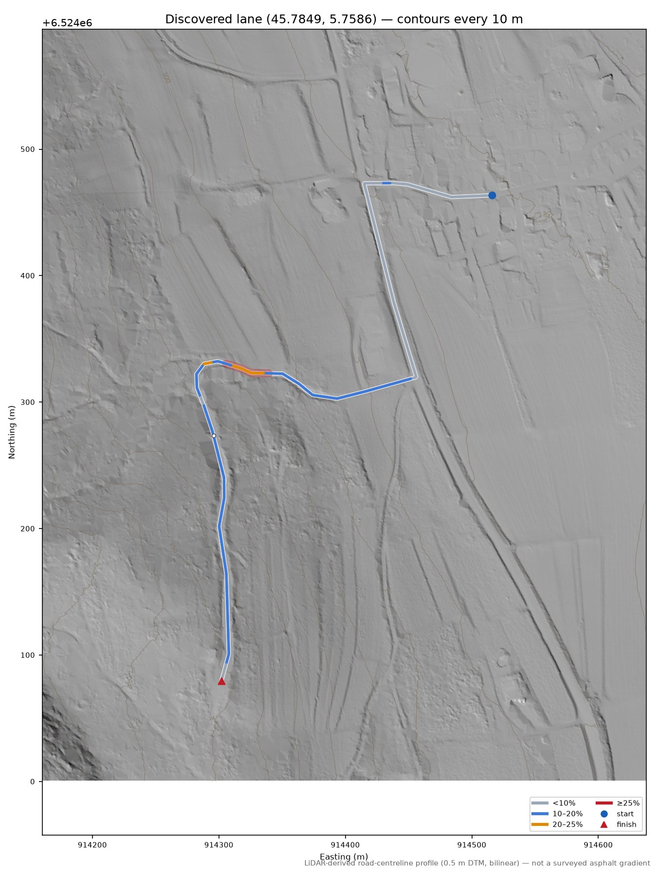 Discovered lane (45.7849, 5.7586) LiDAR hillshade map with contours
