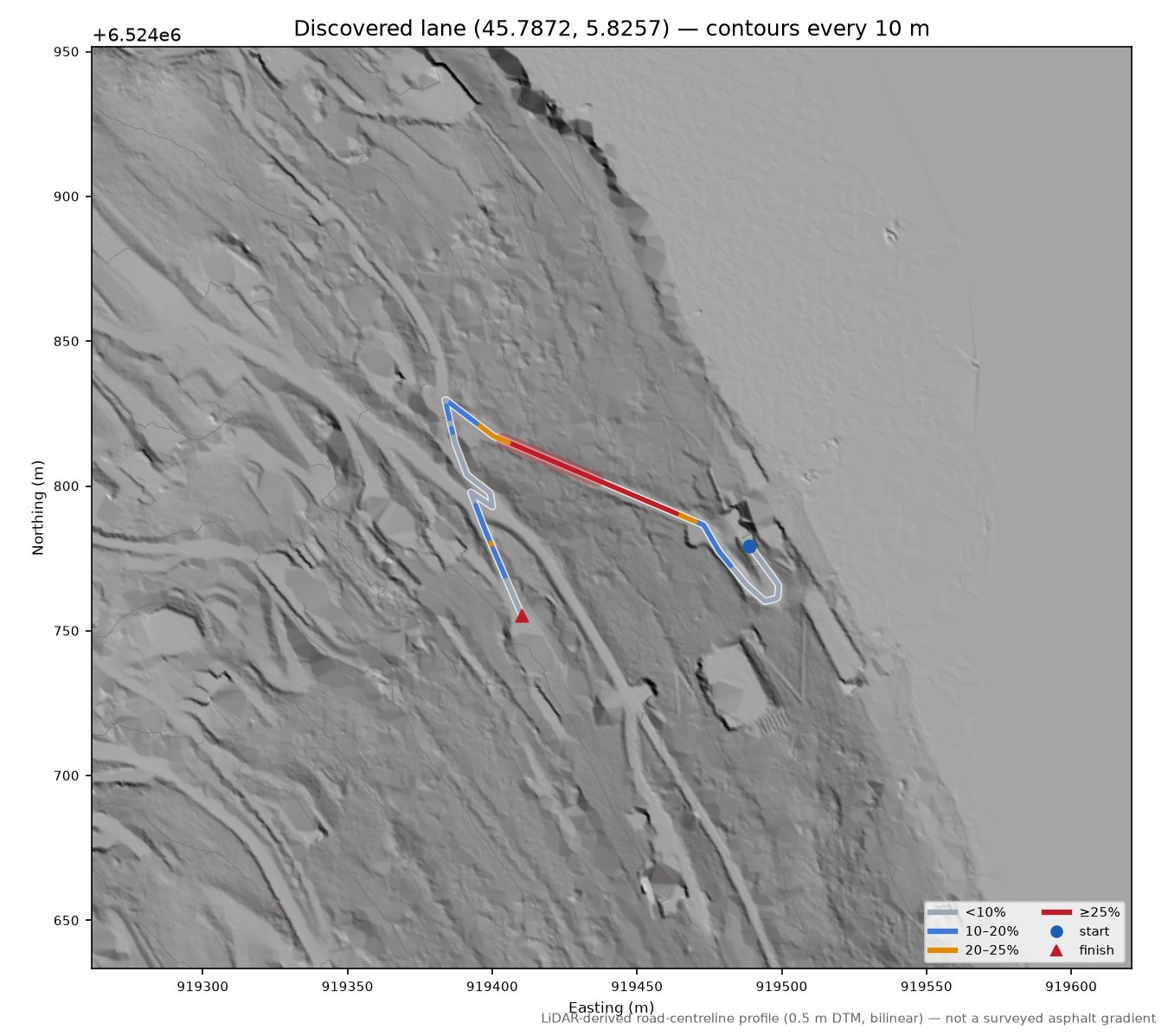 Discovered lane (45.7872, 5.8257) LiDAR hillshade map with contours