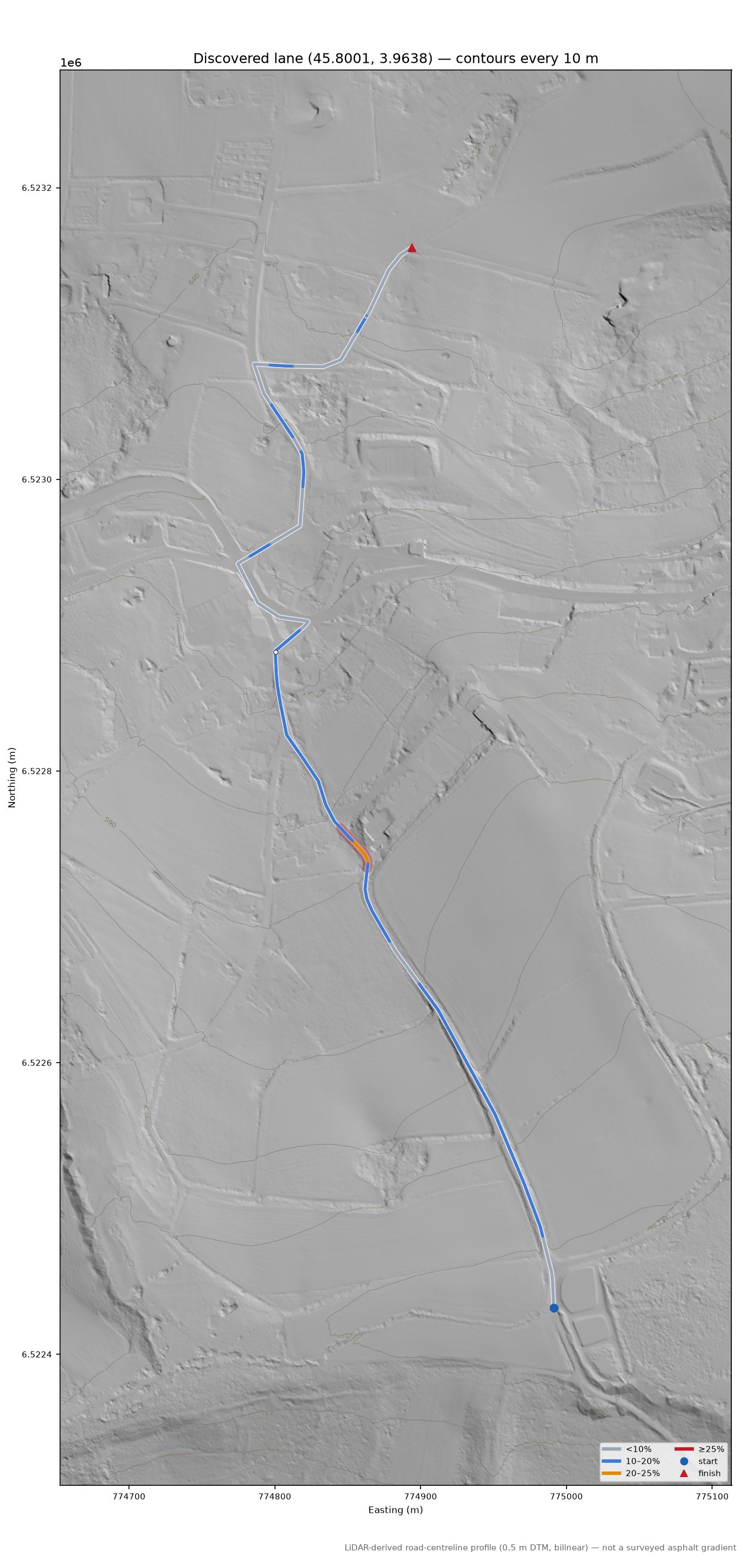 Discovered lane (45.8001, 3.9638) LiDAR hillshade map with contours