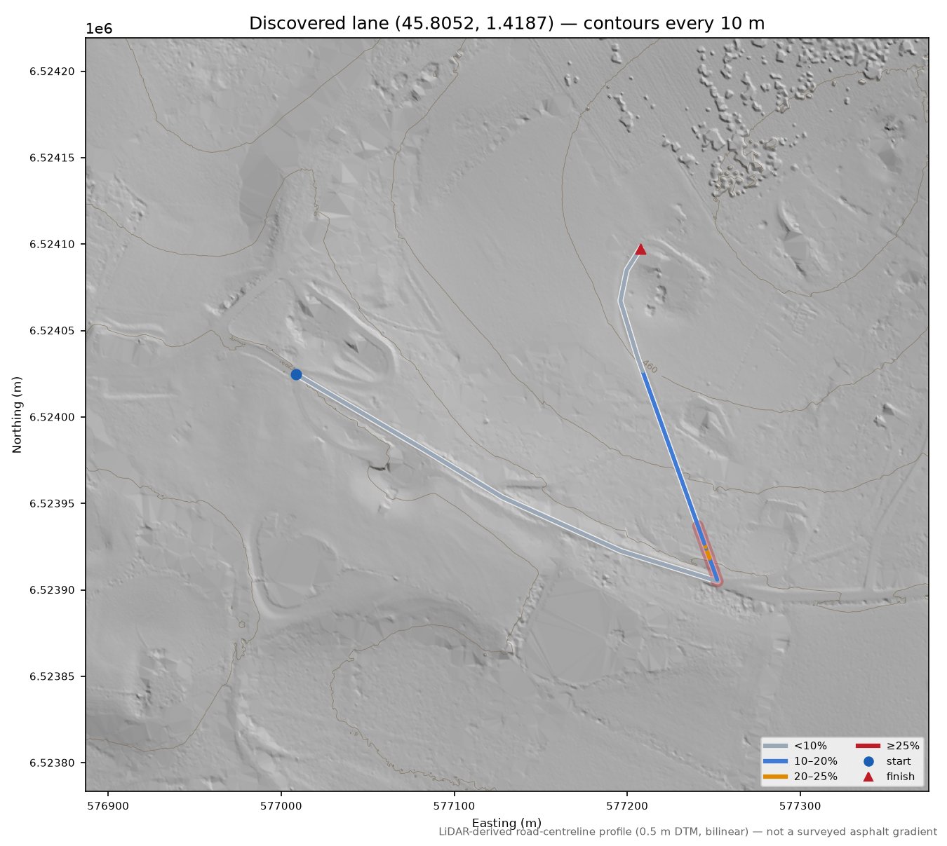 Discovered lane (45.8052, 1.4187) LiDAR hillshade map with contours