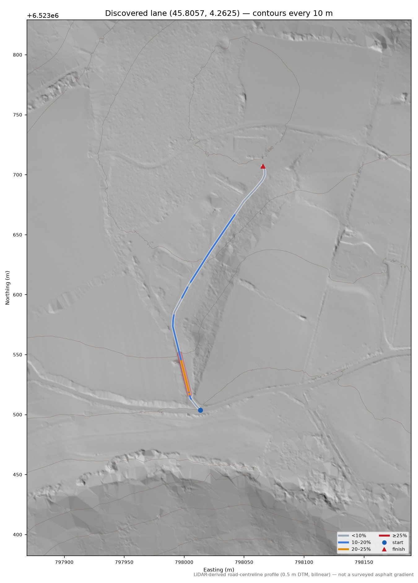 Discovered lane (45.8057, 4.2625) LiDAR hillshade map with contours