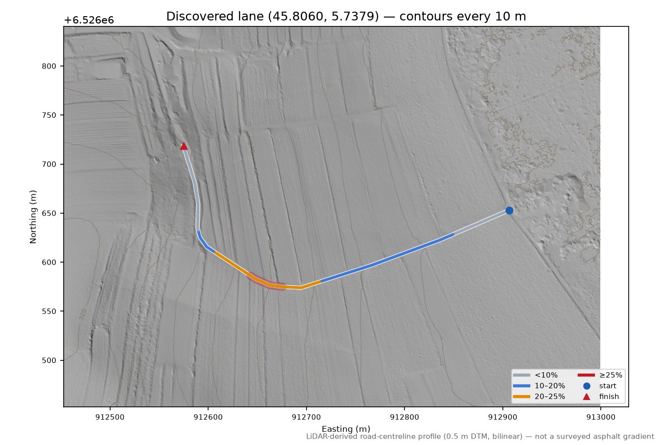 Discovered lane (45.8060, 5.7379) LiDAR hillshade map with contours