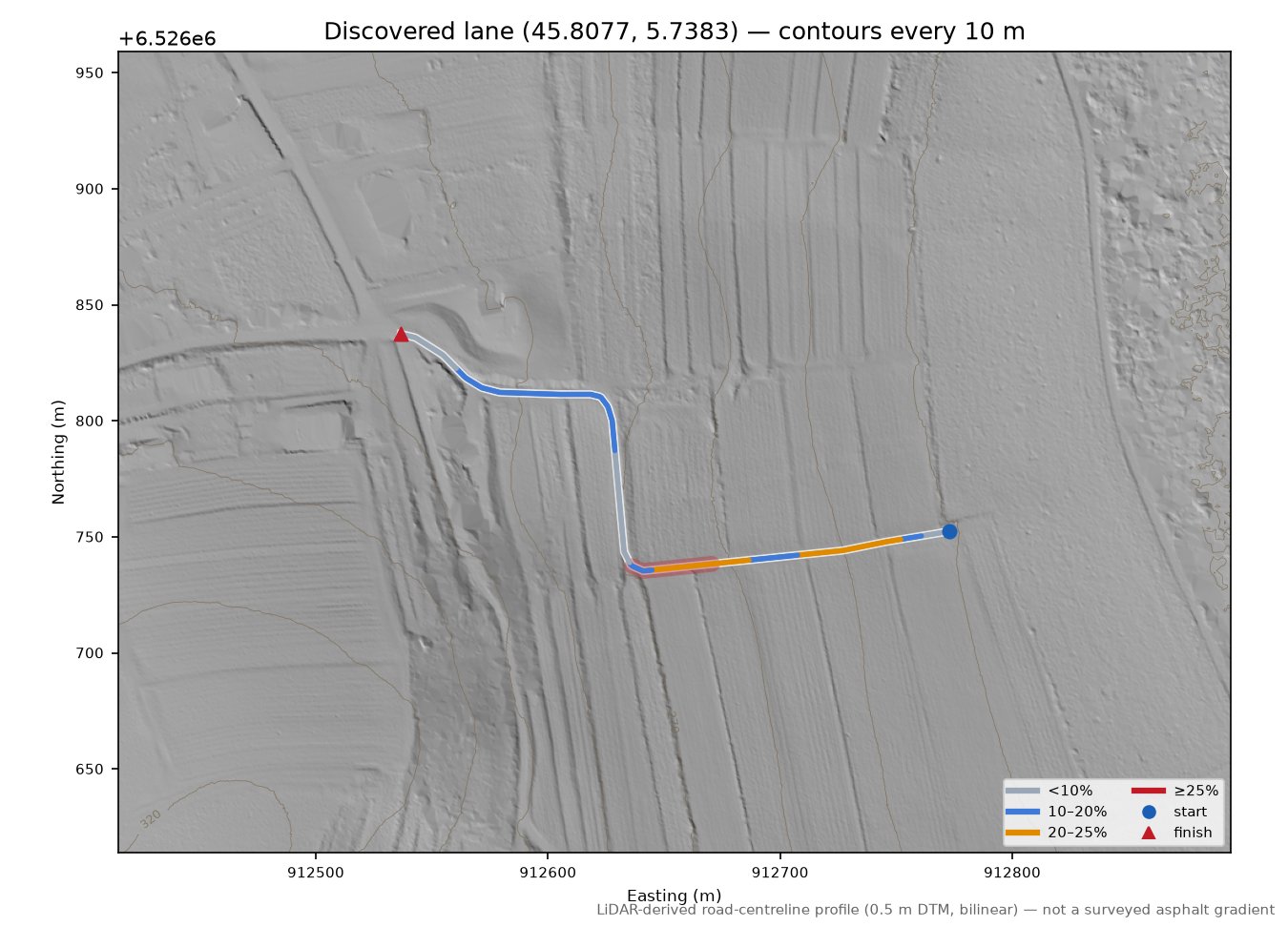 Discovered lane (45.8077, 5.7383) LiDAR hillshade map with contours